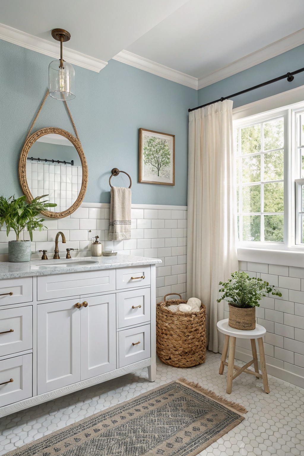 Farmhouse bathroom featuring pale blue walls, white shaker vanity with brass pulls, rattan mirror, subway tile, plants, and sheer curtains by a window