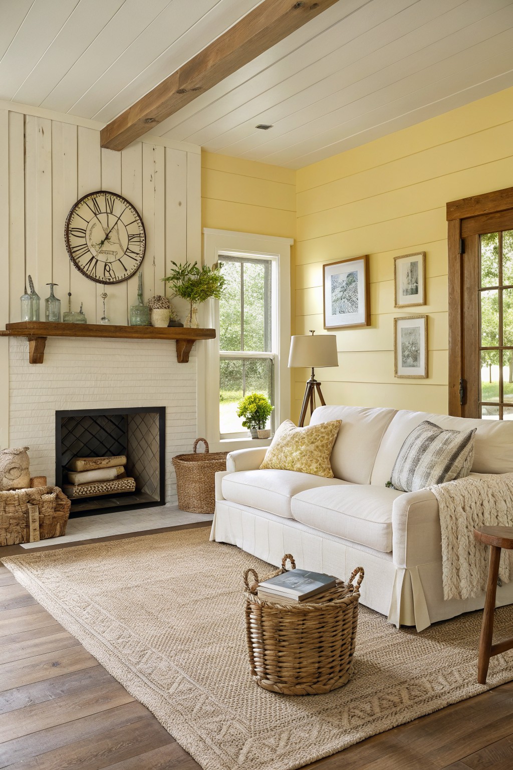 Cozy farmhouse living room featuring pale butter yellow shiplap walls, a white brick fireplace with wood mantel, cream slipcovered sofa, and seagrass rug on hardwood floors