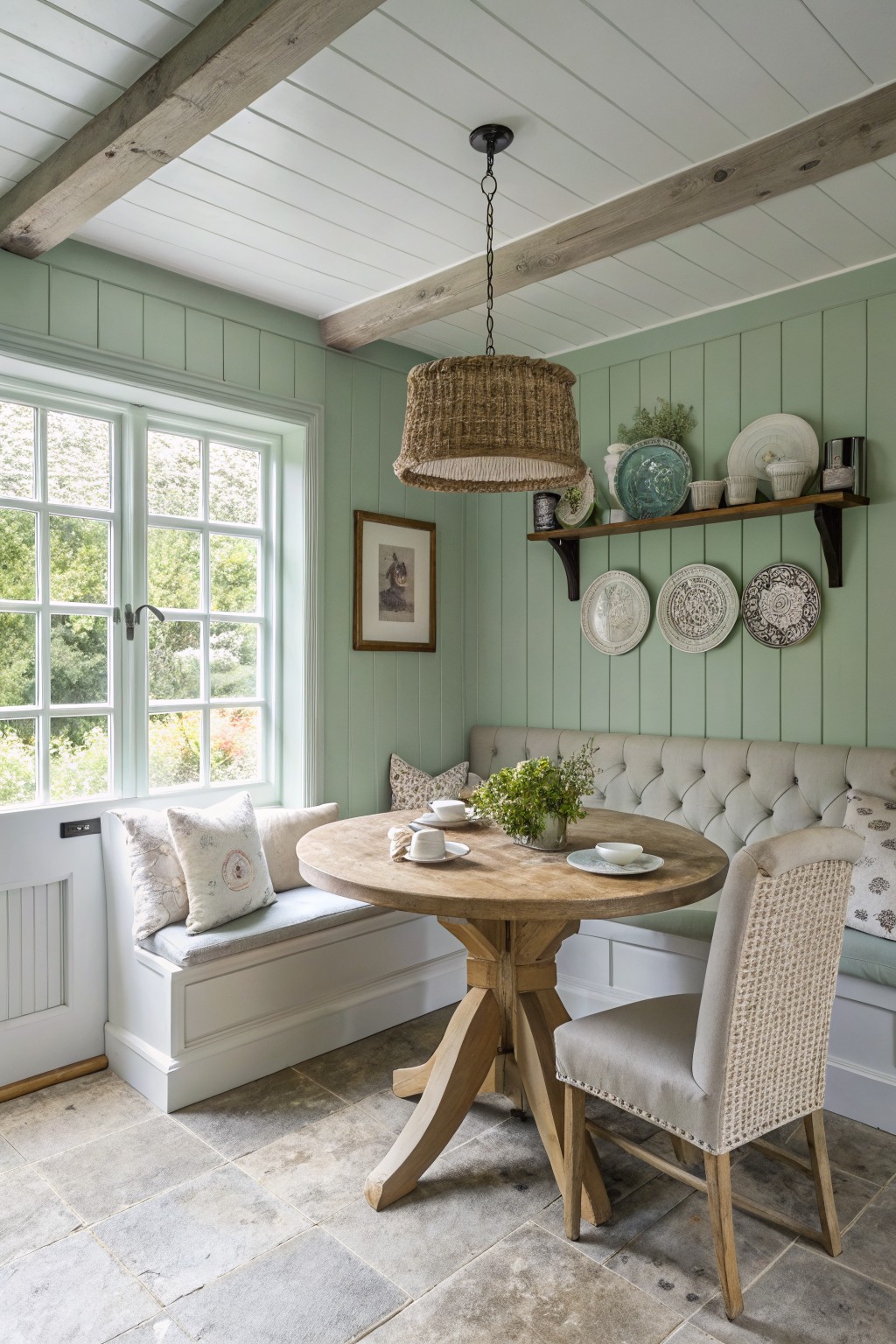 Cozy farmhouse breakfast nook featuring pale sage green paneled walls, round wooden table with banquette seating, rattan pendant light, and plate shelves against garden window view
