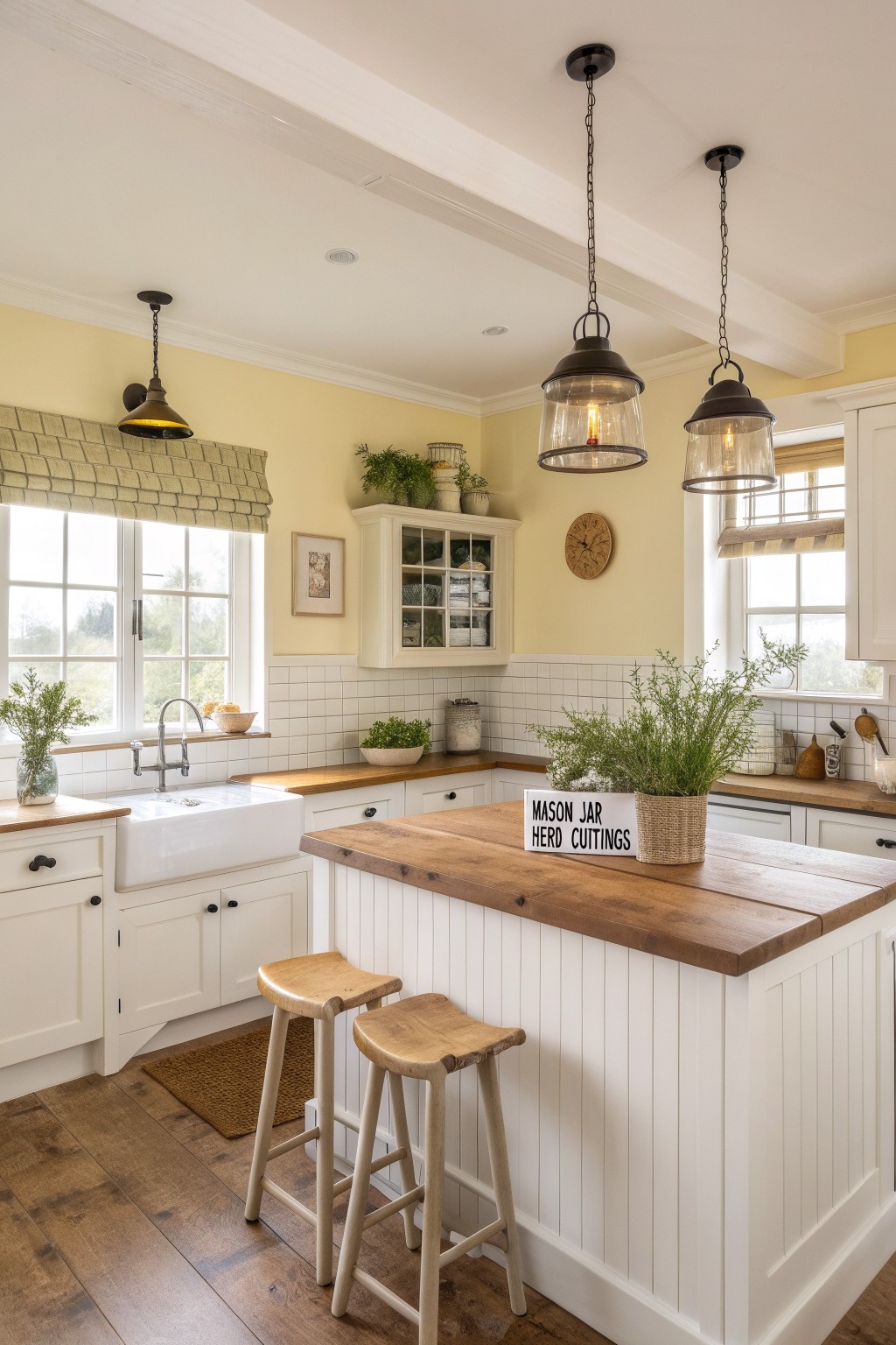 Cozy farmhouse kitchen with pale yellow walls, white cabinets, wooden island, farmhouse sink, pendant lights, and potted plants