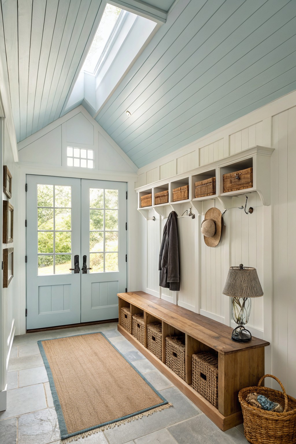 Farmhouse mudroom featuring pale blue shiplap ceiling, white paneled walls, built-in wood bench with seagrass baskets, blue French doors, and a jute rug on slate tile floor
