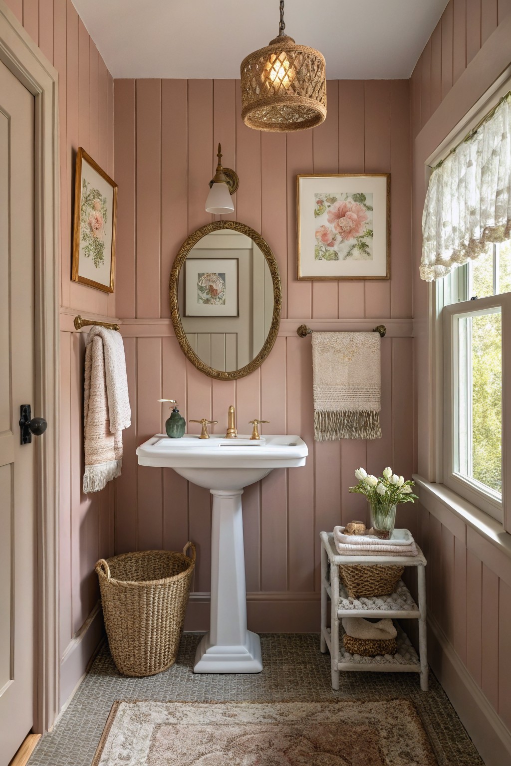 Cozy farmhouse powder room with soft blush pink shiplap walls, gold mirror, pedestal sink, and woven accents