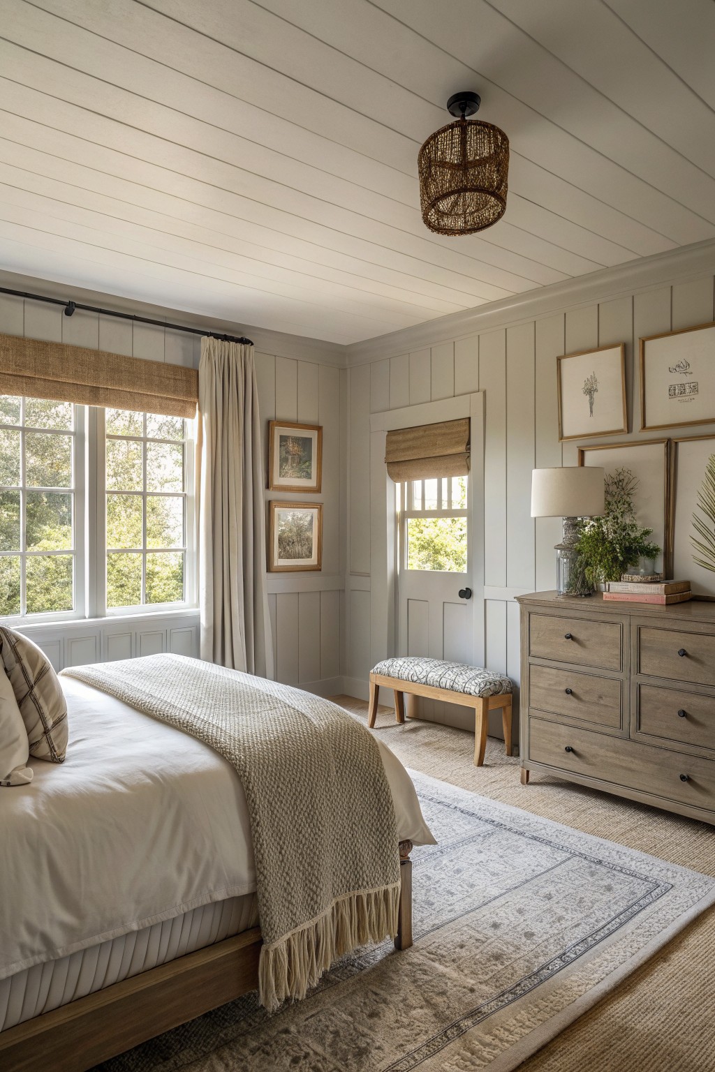 Cozy farmhouse bedroom featuring soft greige shiplap walls, a wooden bed with white linens and throw, dresser, bench, rattan pendant light, and large windows with natural views