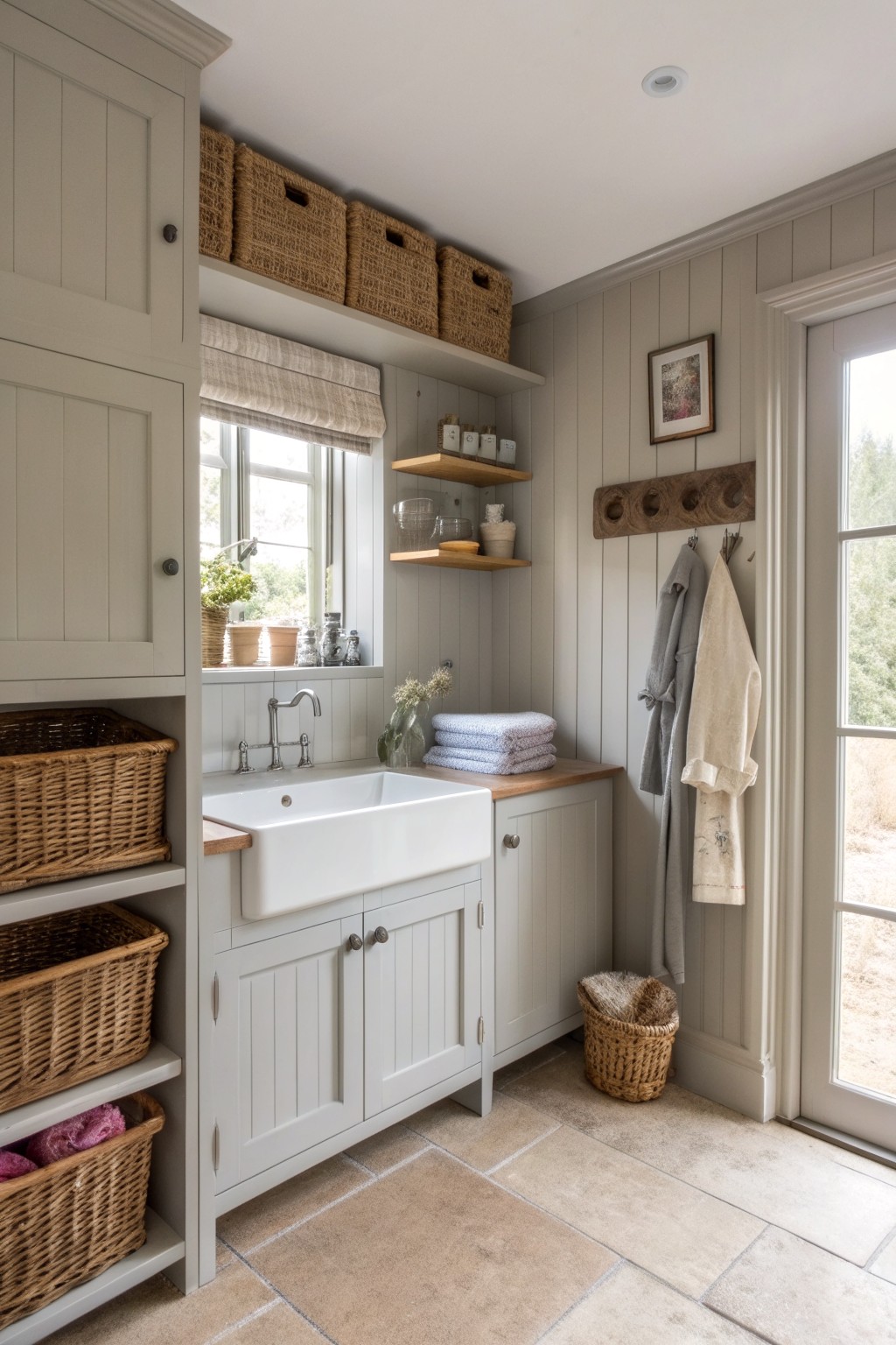 Farmhouse laundry room featuring pale greige shiplap walls, white farmhouse sink, wood cabinets, and wicker baskets for storage