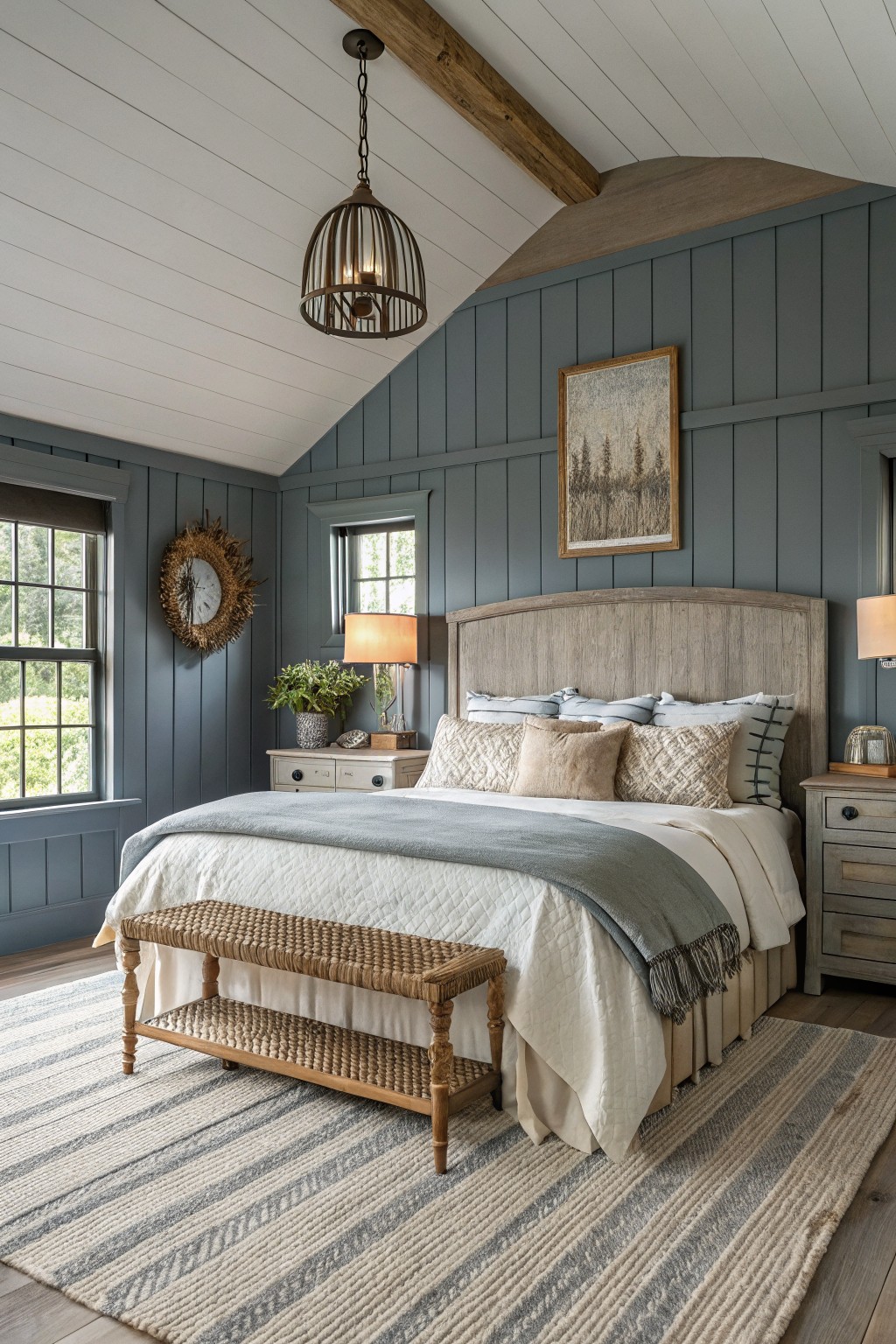 Cozy farmhouse bedroom featuring soft navy blue-gray paneled walls, wooden beam ceiling, upholstered bed with layered pillows, and striped area rug