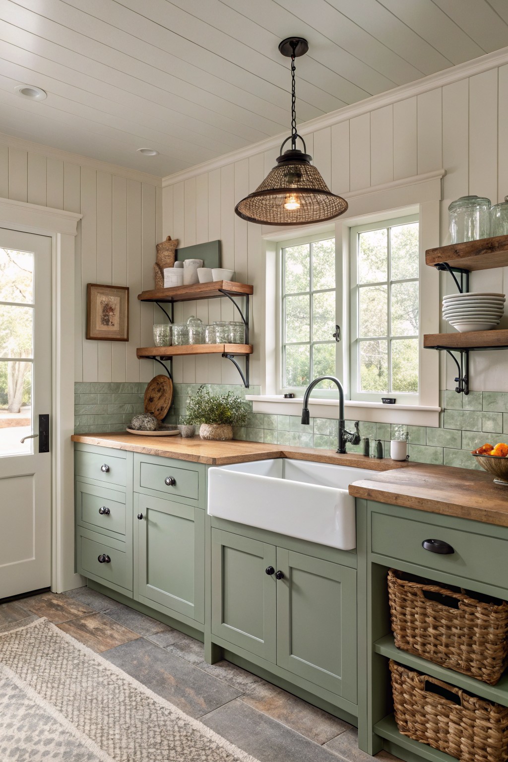 Farmhouse kitchen featuring soft sage green cabinets, white shiplap walls and ceiling, wooden open shelves with dishes and plants, farmhouse sink, and natural light from windows