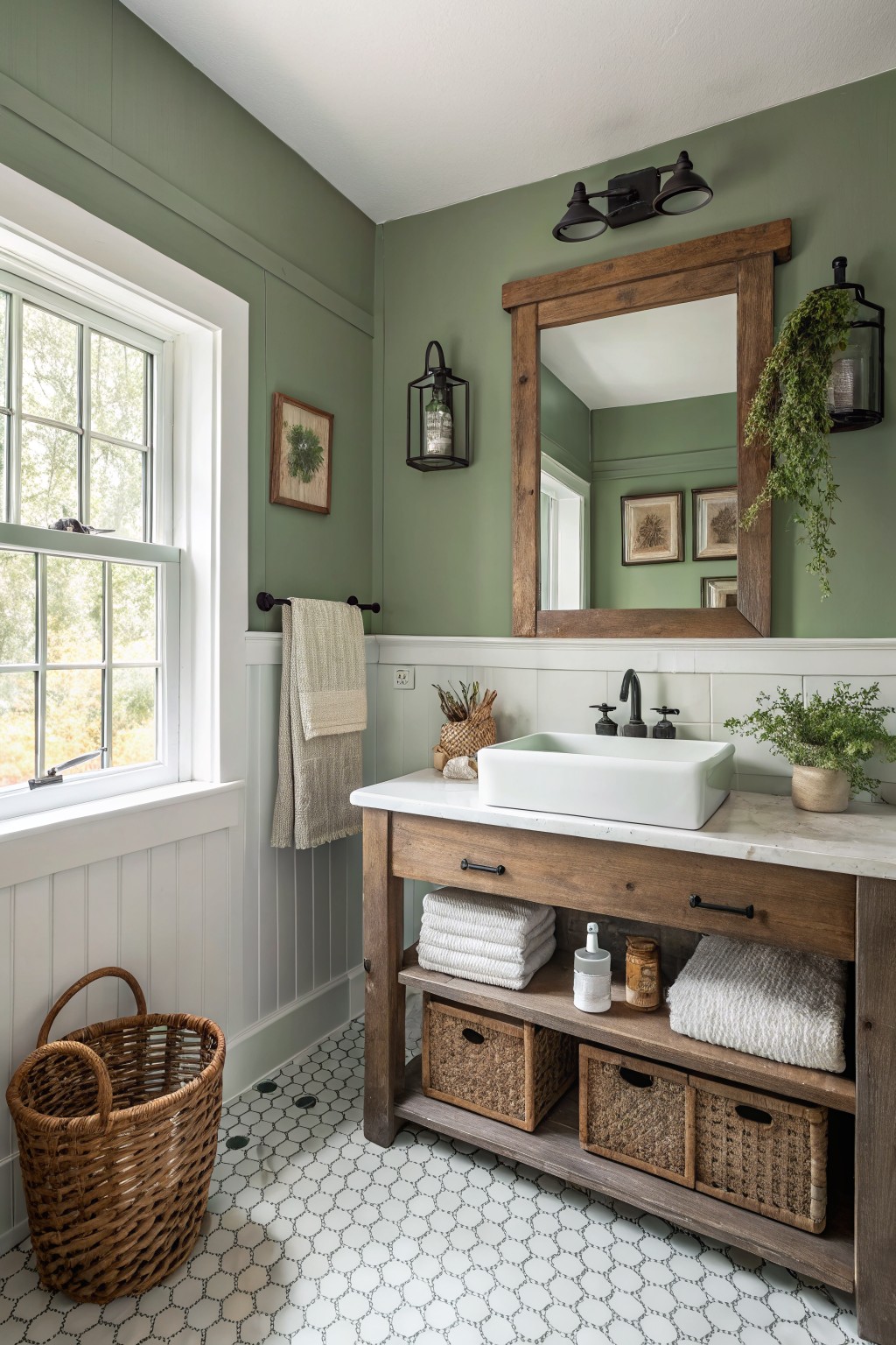 Farmhouse bathroom featuring soft sage green walls with white wainscoting, wooden vanity, rattan storage, and white hexagonal floor tile