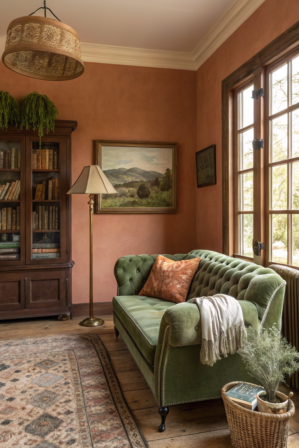 Cozy corner reading nook with soft terracotta walls, emerald green tufted sofa, wooden bookcase, landscape painting, and woven pendant light