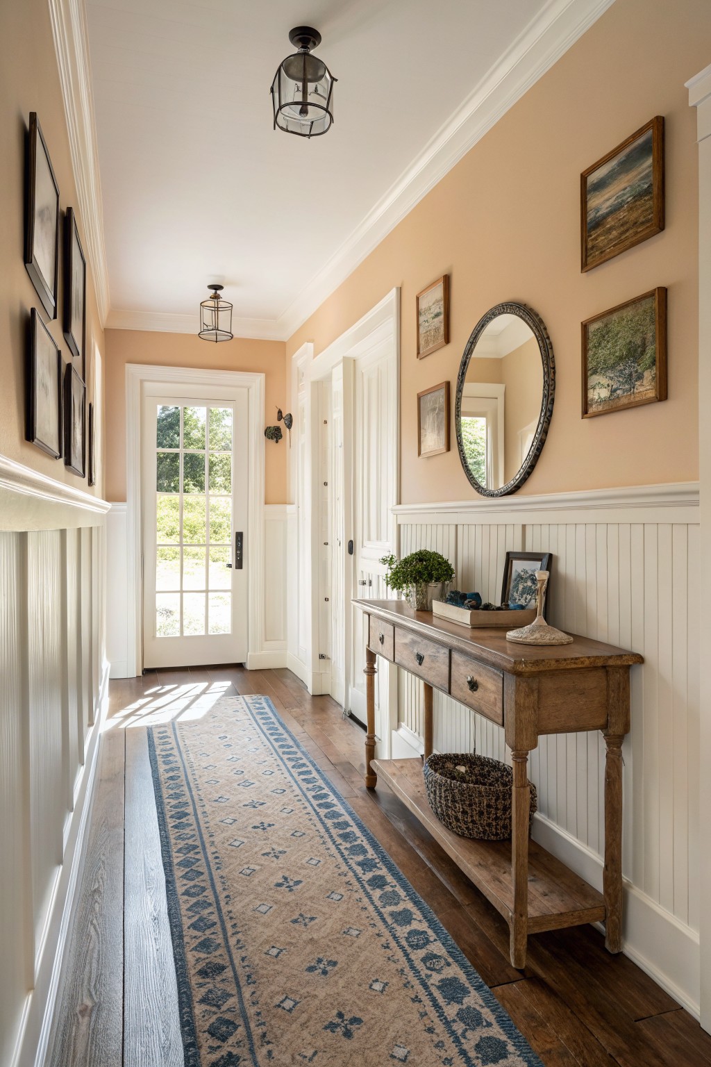 Farmhouse hallway with pale warm beige walls, white wainscoting, wooden console table with decor, and soft lighting.