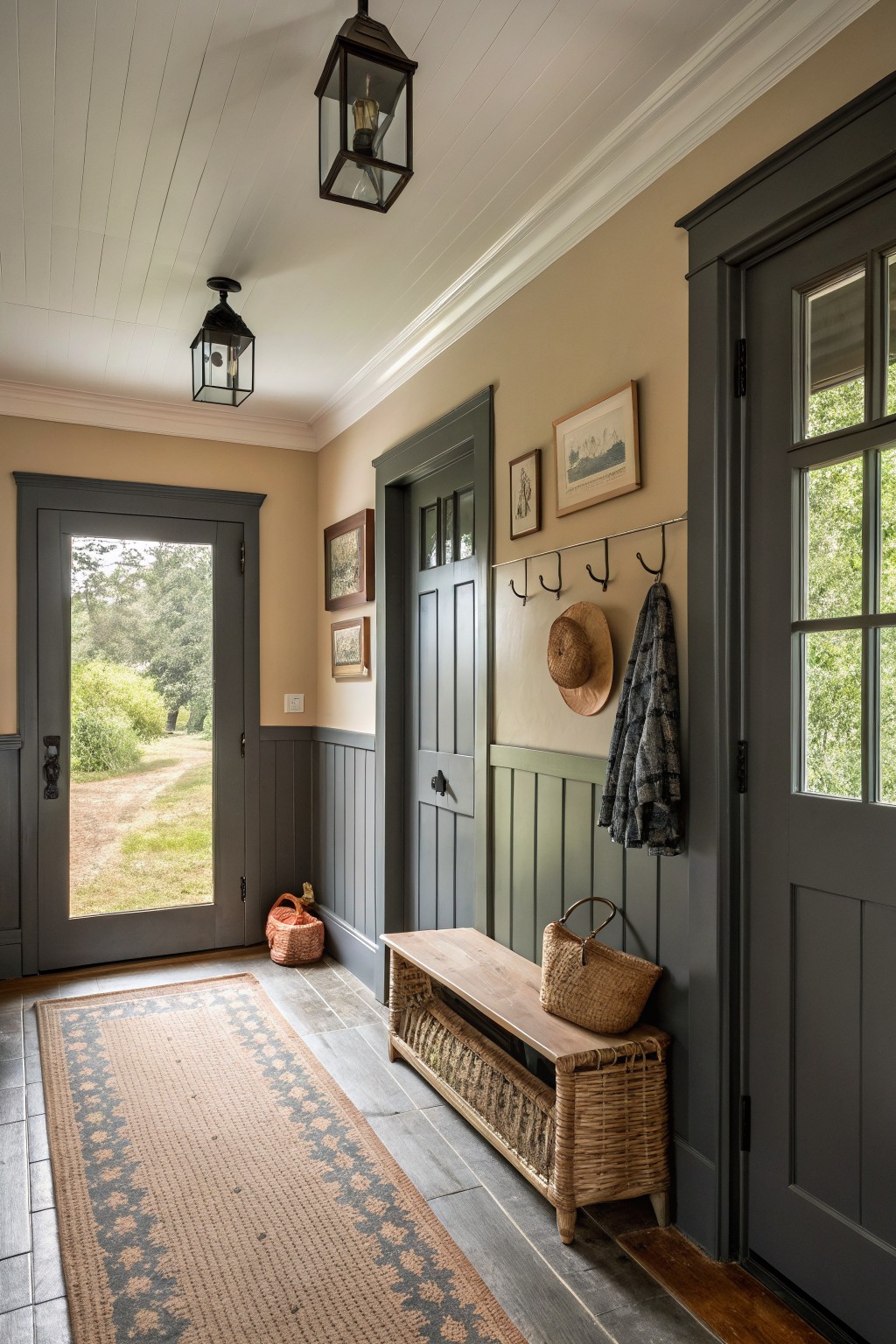 Farmhouse entry with warm beige upper walls, dark gray paneled lower walls and doors, wood bench, and woven baskets on hardwood floors