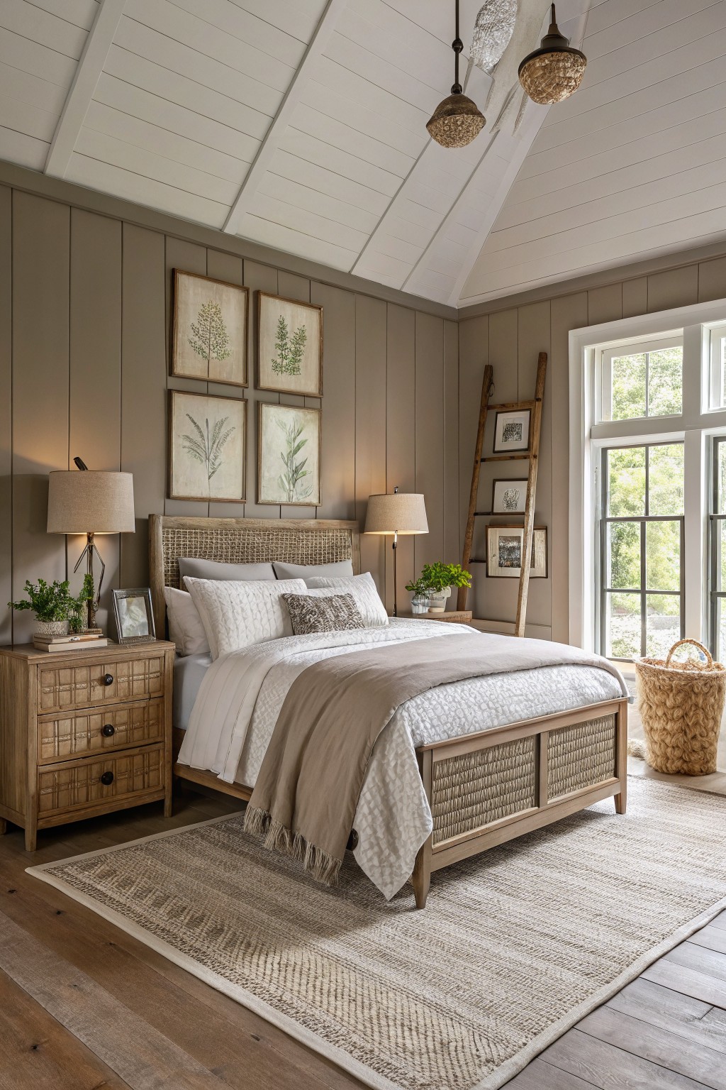 Farmhouse bedroom featuring warm greige shiplap walls, rattan bed frame, botanical prints, ladder shelf, and seagrass rug on wood floors