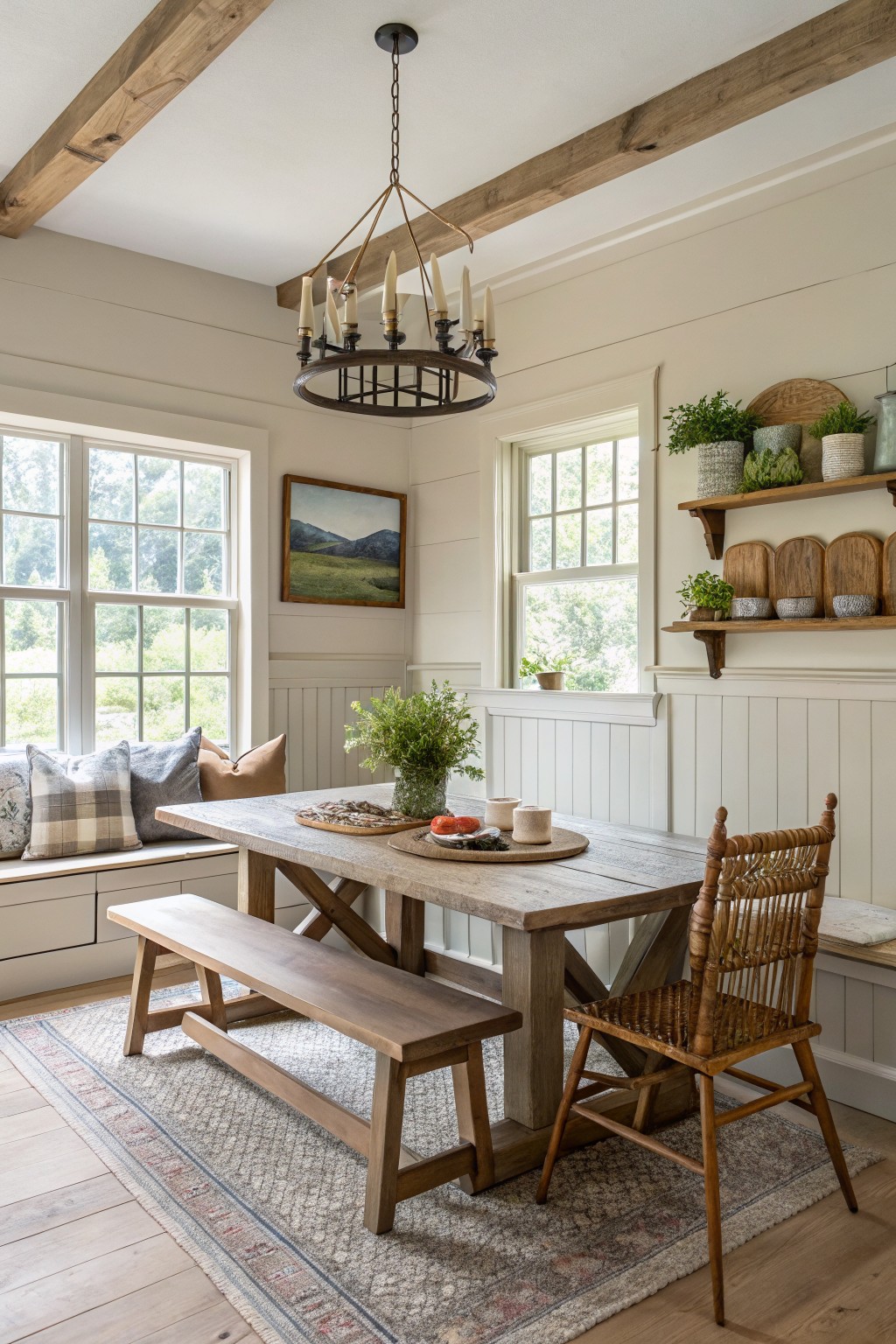 Cozy farmhouse dining nook with warm off-white walls, wooden beams, chandelier, window seat, and rustic table setting
