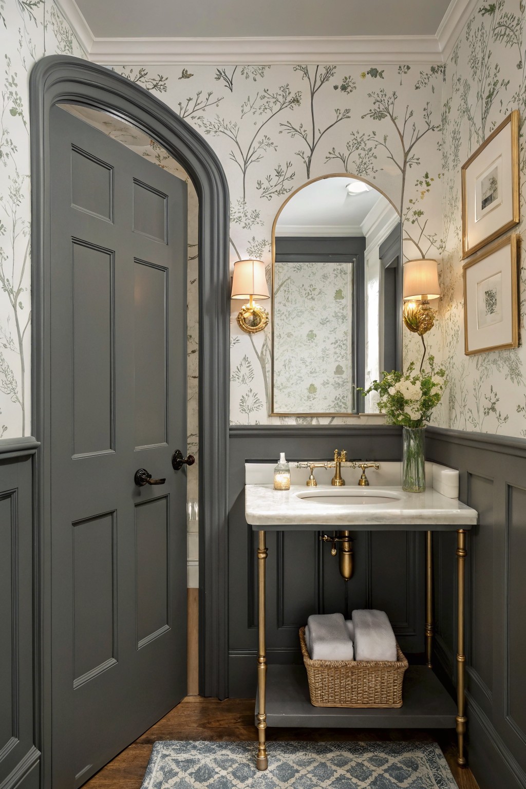 Elegant powder room featuring deep gray arched doors, trim, and vanity legs with floral wallpaper, marble sink, gold accents, and fresh flowers