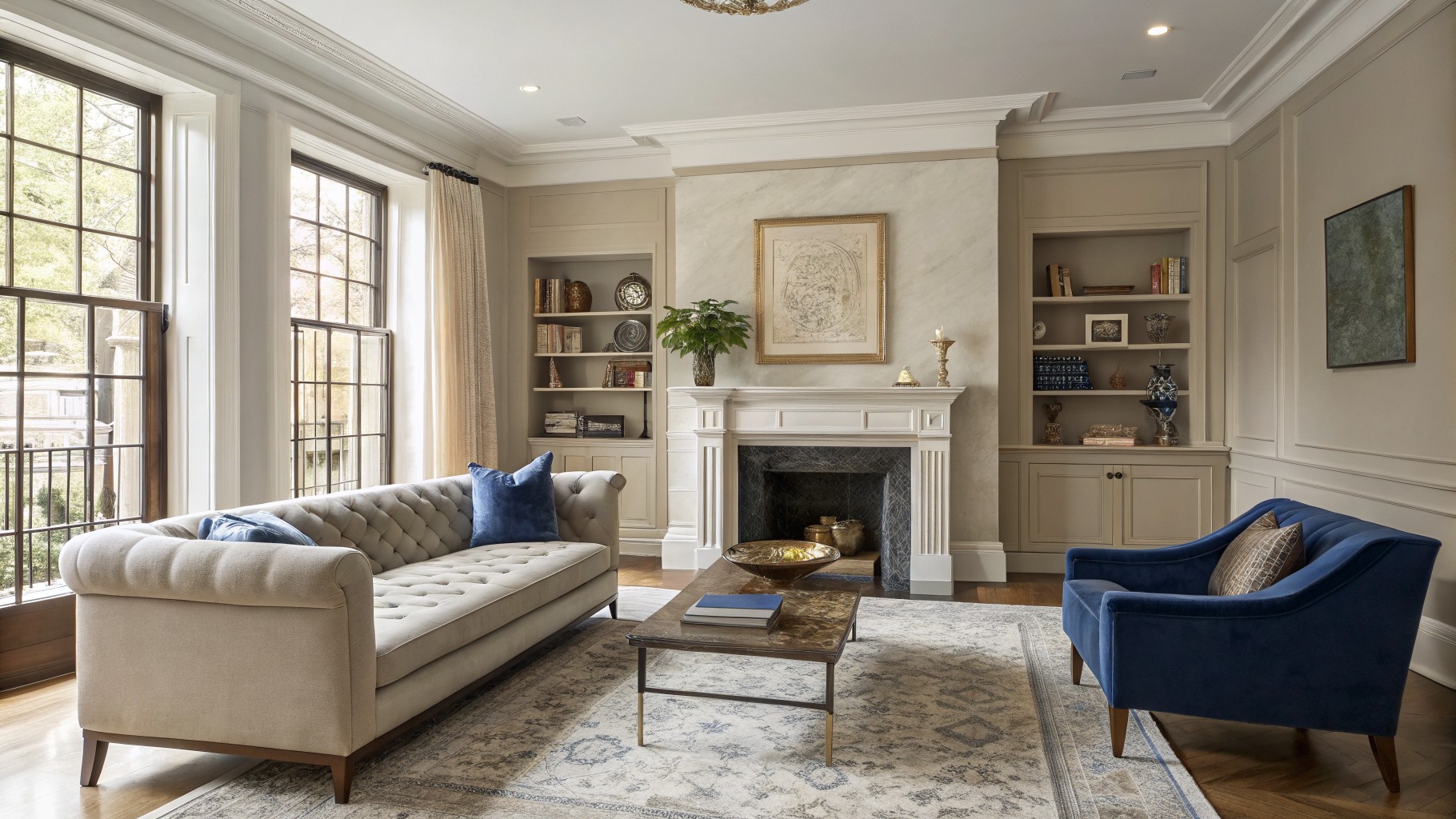 Elegant living room featuring pale greige walls, cream sofa, navy blue velvet chair, marble fireplace, and large windows with natural light