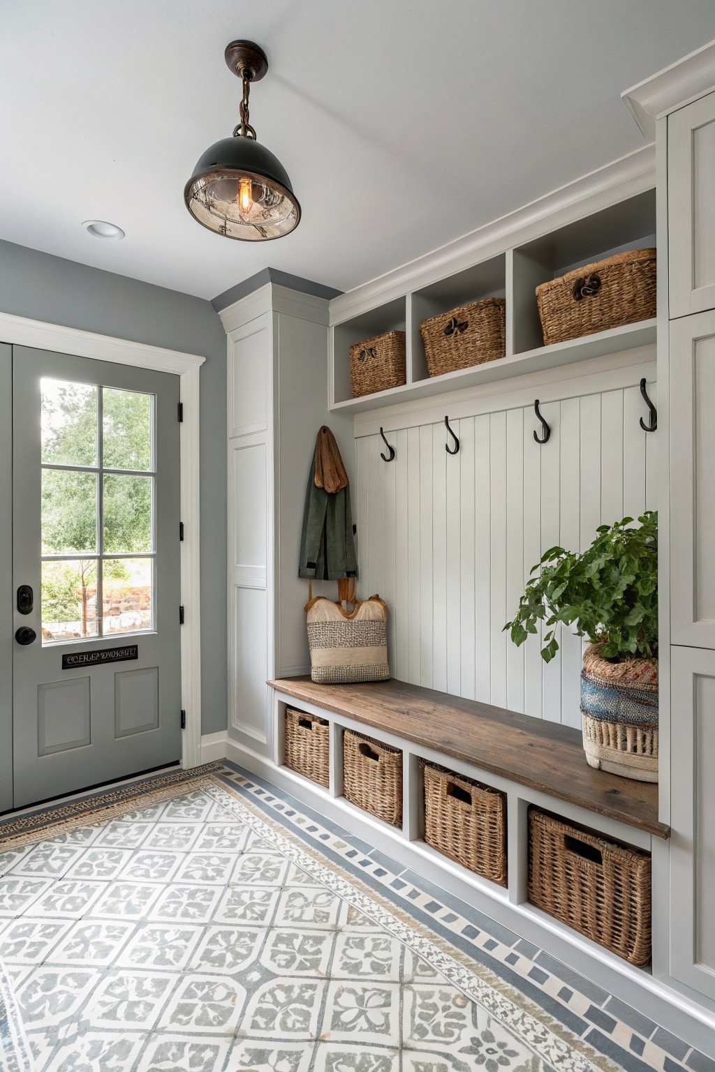 Mudroom with soft gray walls, white shiplap hooks, wood bench with baskets, and gray door open to outdoors