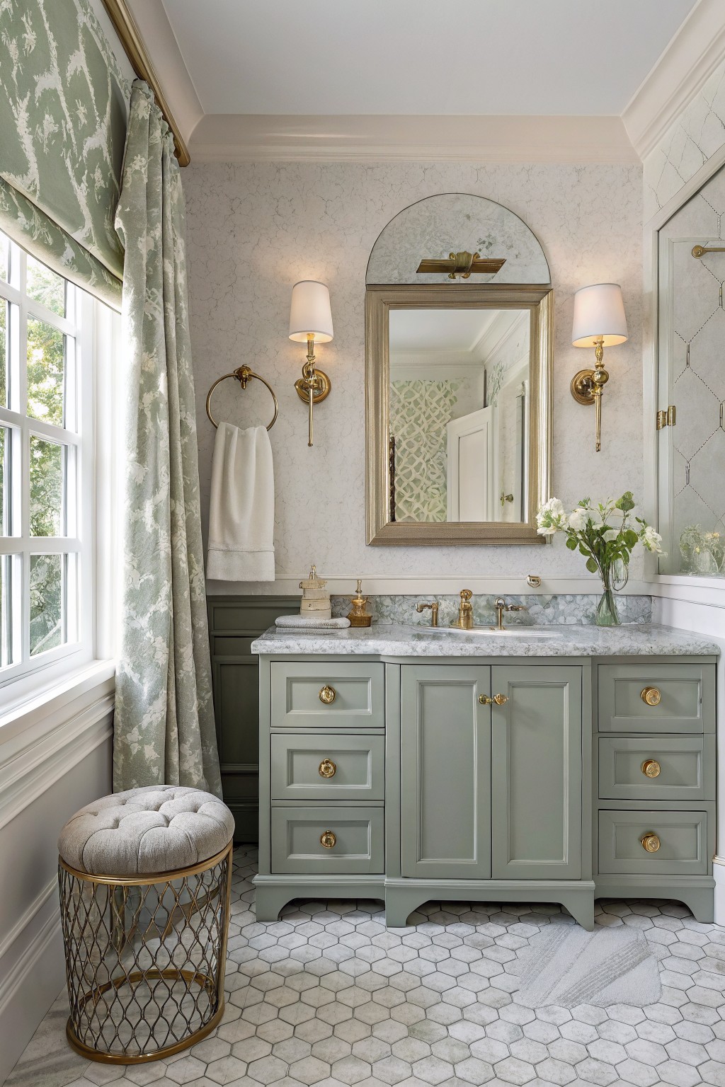 Elegant bathroom vanity painted in soft sage gray with marble top, gold pulls, flanked by pale veined gray walls, arched mirror, and window drapes