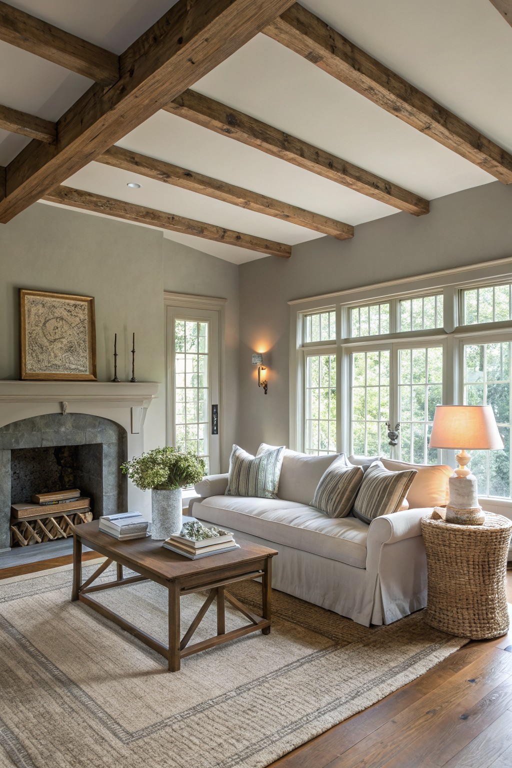 Living room with soft warm gray walls, exposed wood ceiling beams, white slipcovered sofa, stone fireplace, and large windows