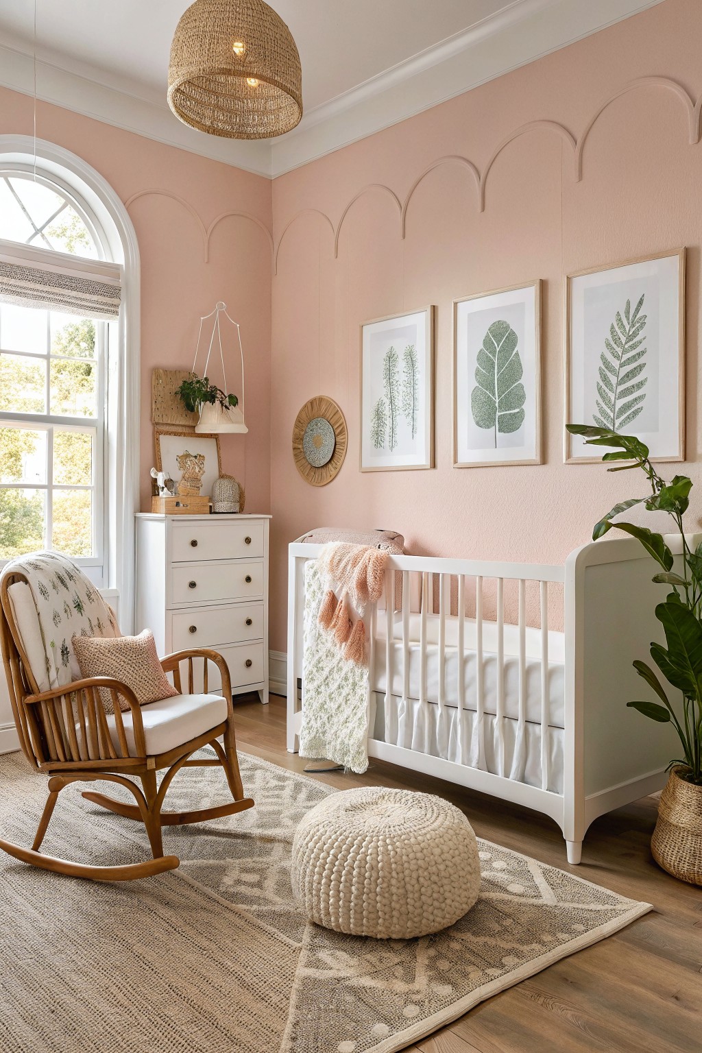 Cozy nursery room with blush pink walls featuring arched details, white crib draped in blankets, wooden rocking chair, dresser, botanical art, and potted plants on hardwood floors