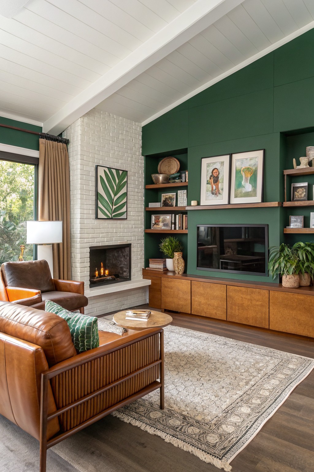 Modern living room with green accent wall, leather furniture, fireplace, and decorative plants.