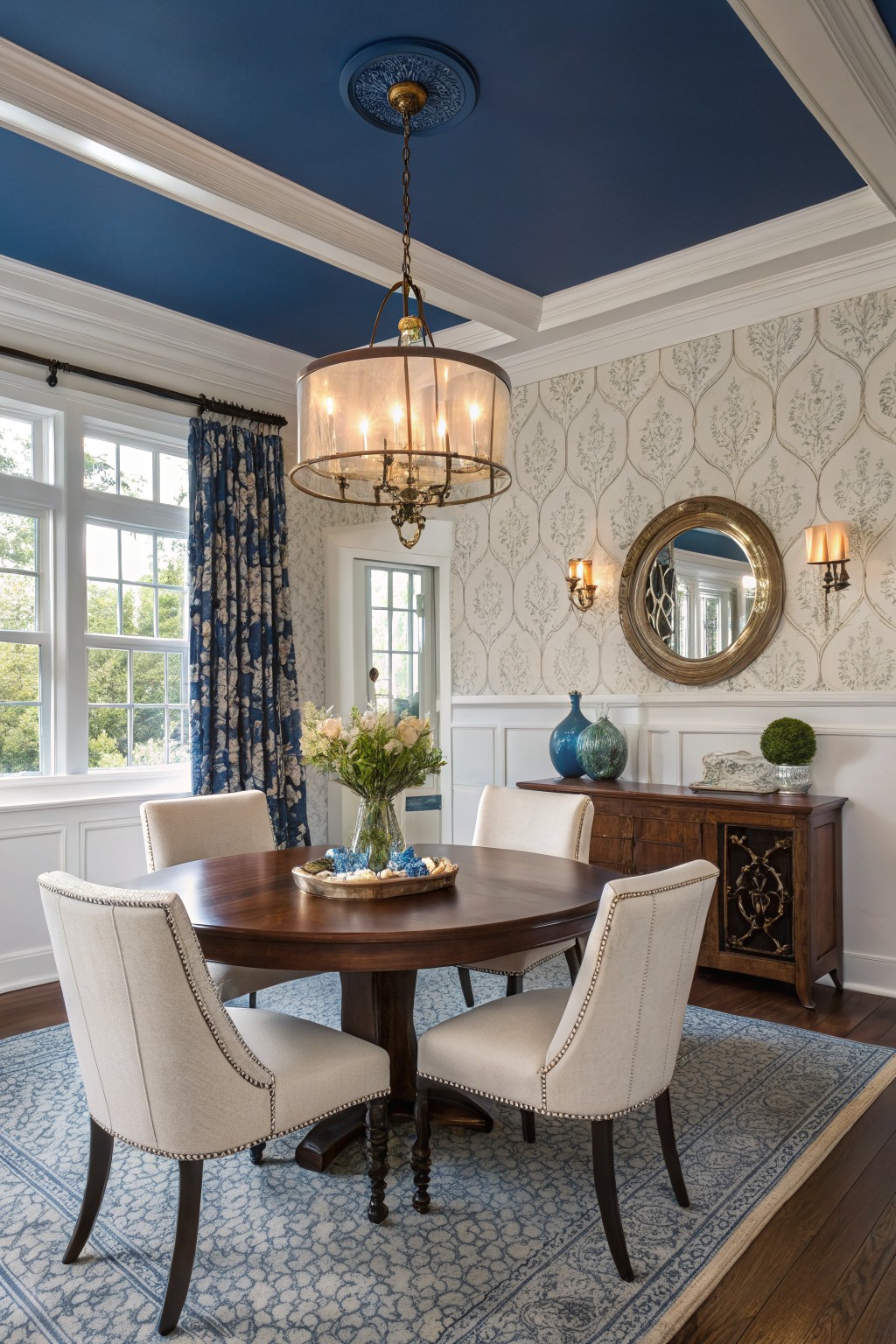 Dining room with deep navy blue ceiling, cream patterned wallpaper, round wood table, white chairs, and blue drapes on large windows