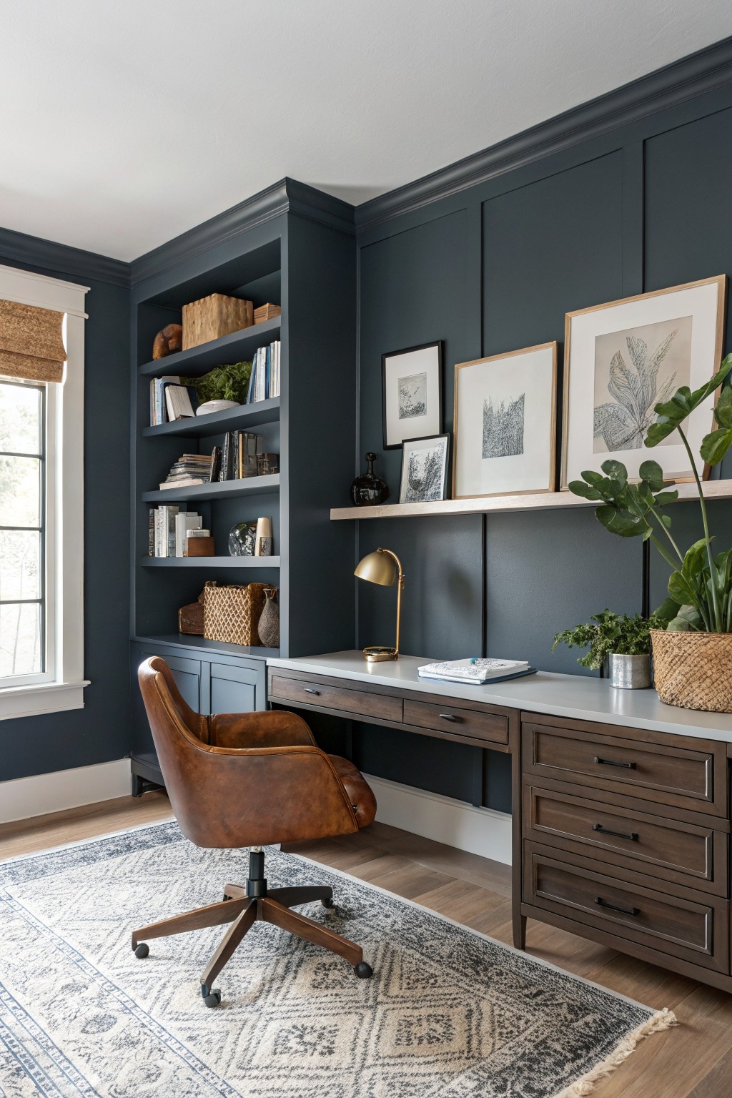 Home office with deep navy paneled walls, wooden desk, tan leather chair, bookshelves filled with books and decor, plants, and framed art.