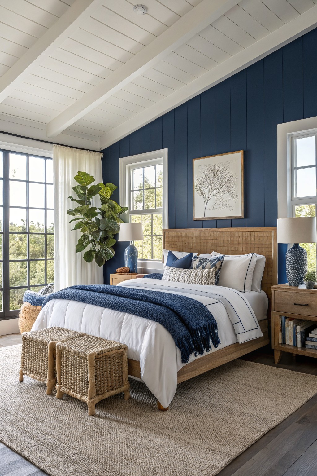 Bedroom featuring deep navy shiplap accent walls, white beamed ceiling, wooden bed with white linens and blue throw, rattan benches, and large windows with sheer curtains