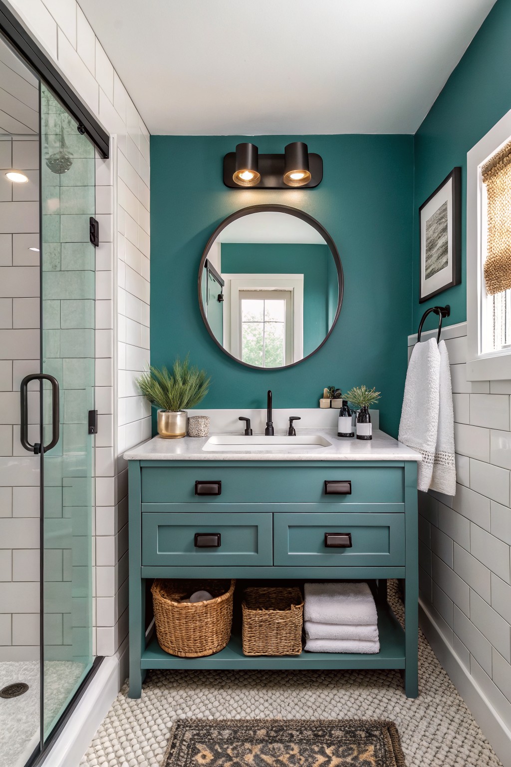 Small modern bathroom with deep teal walls and matching open vanity, white subway tile shower enclosure, round black-framed mirror, potted plants, towels, and wicker baskets for storage