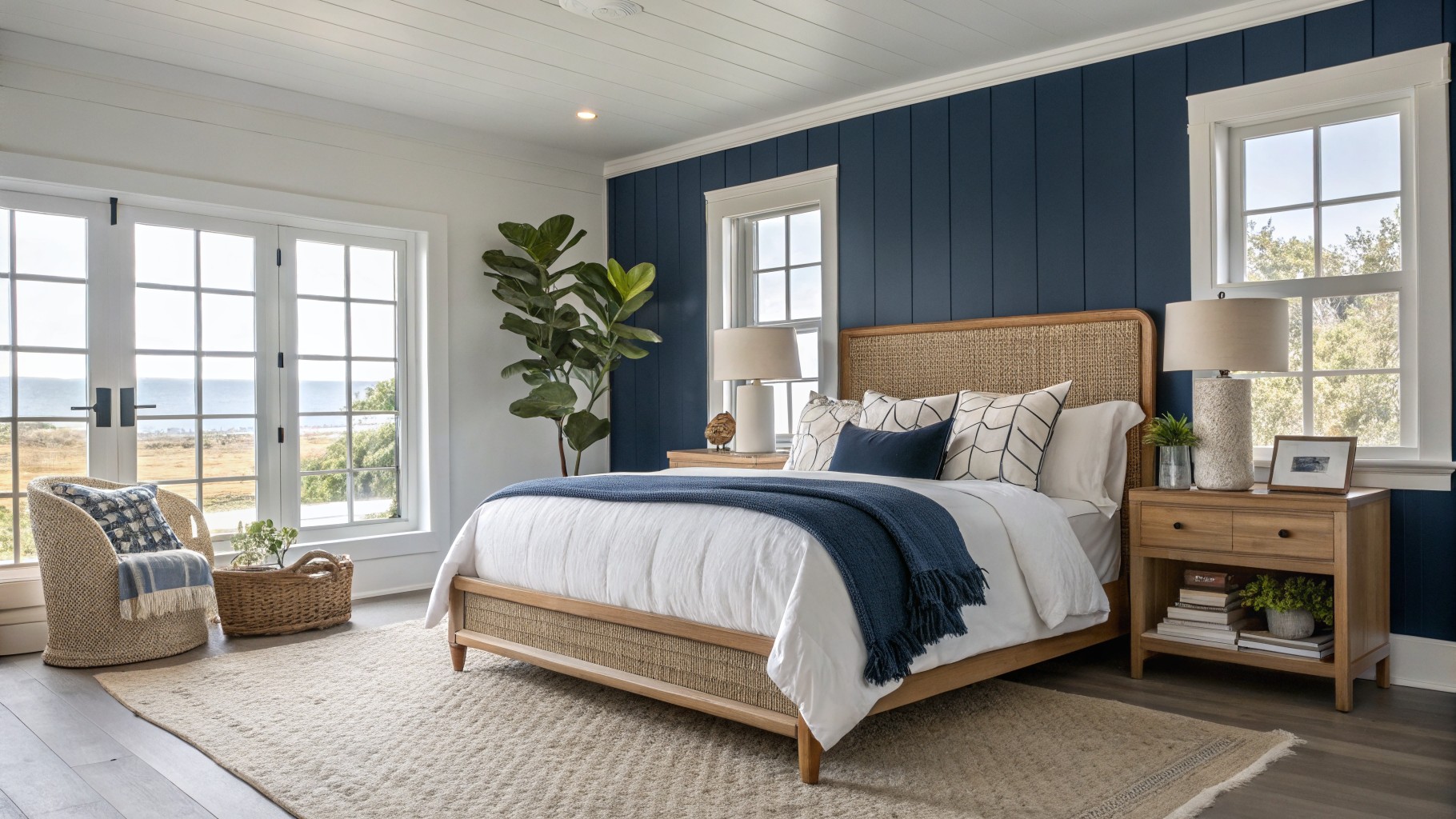Bedroom featuring deep navy shiplap accent walls, white beamed ceiling, wooden bed with white linens and blue throw, rattan benches, and large windows with sheer curtains