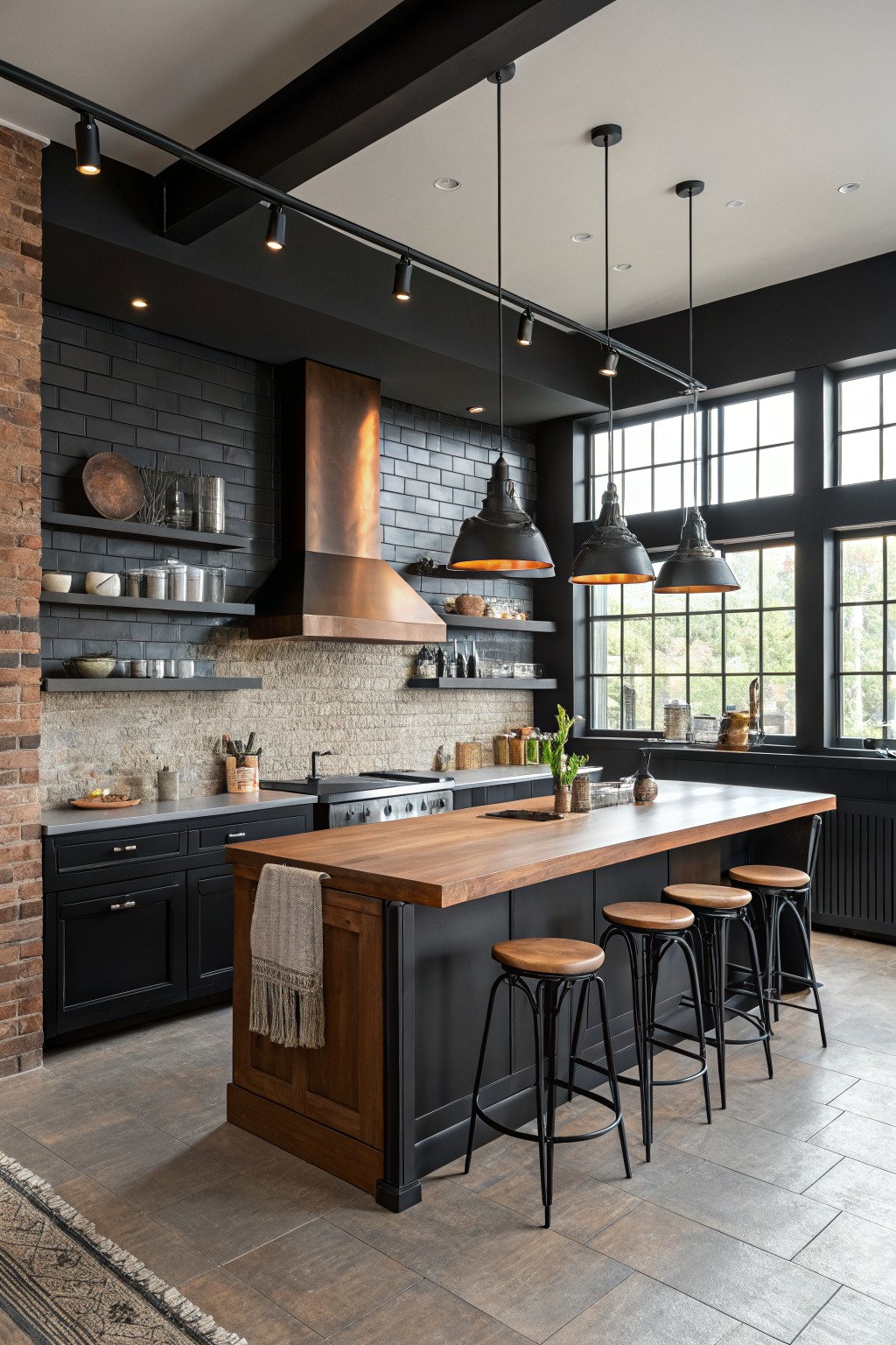 Industrial kitchen featuring matte black walls and cabinets with a warm wood island, copper hood, and black metal stools