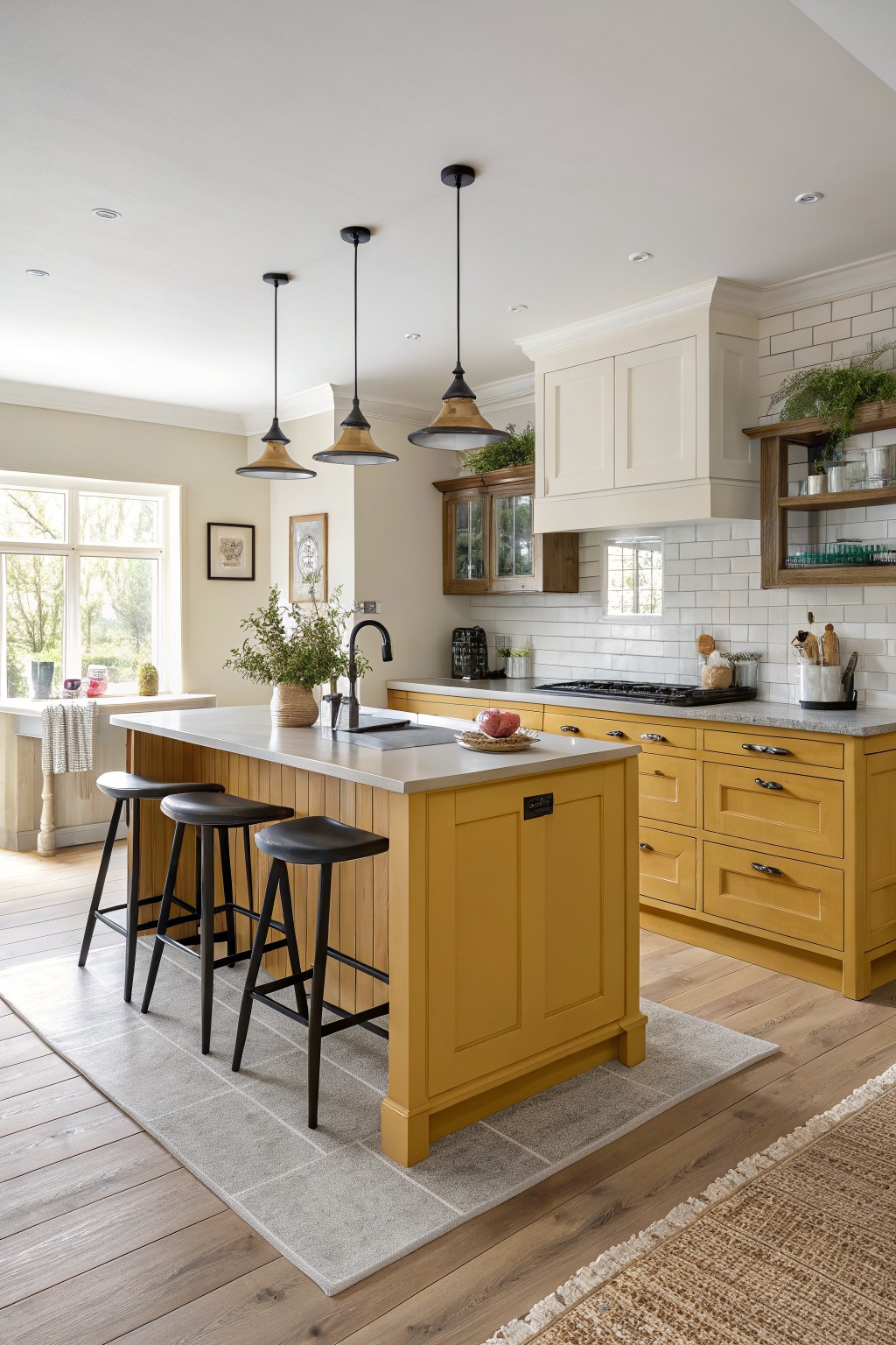 Cozy kitchen featuring mustard yellow cabinets on the island and base units, paired with white walls, subway tile backsplash, black stools, and pendant lights