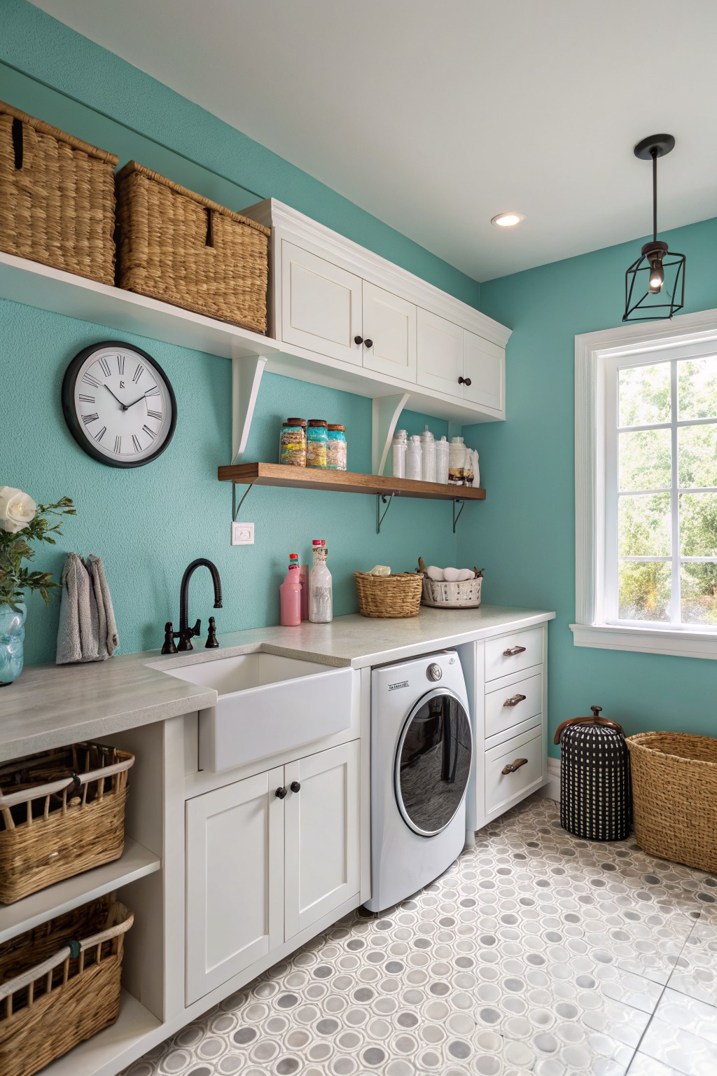 Laundry room featuring soft teal walls, white shaker cabinets, farmhouse sink, front-load washer, wood floating shelves stocked with jars, and woven baskets on hexagon tile floor