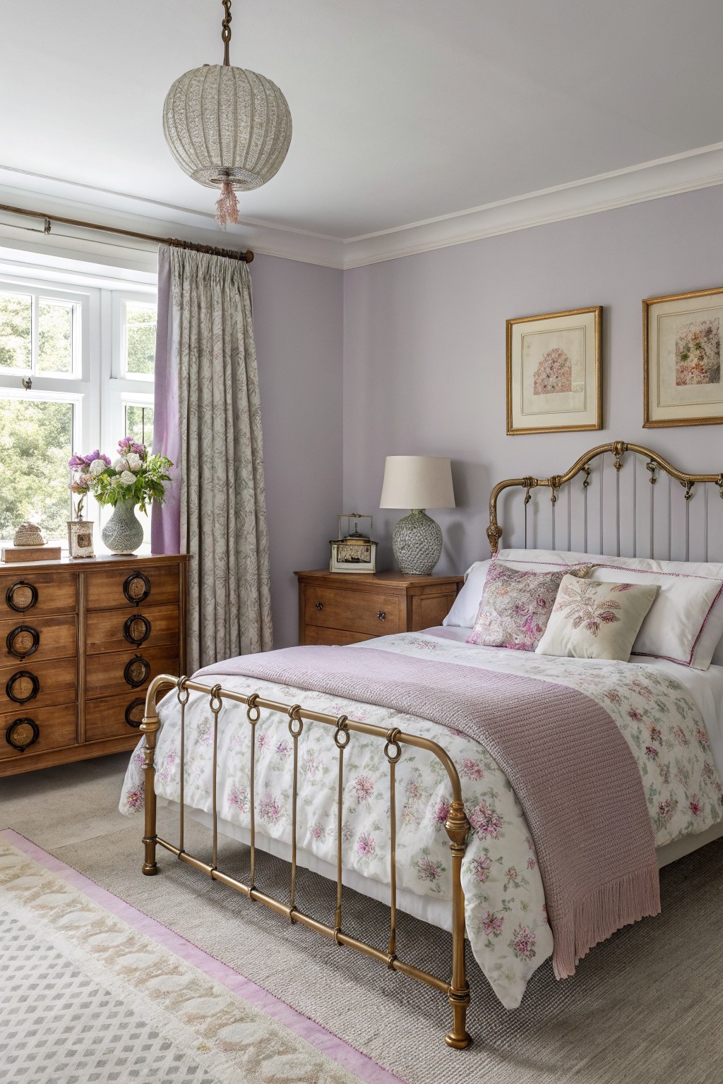 Cozy bedroom with pale lavender walls, brass bedframe, wooden dresser, and soft floral bedding under a window with sheer drapes