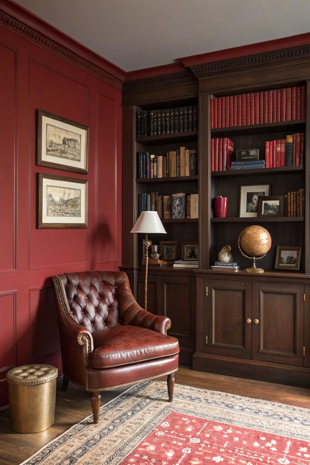 Deep red paneled walls in a cozy library corner with leather armchair, wooden bookshelves, brass accents, and patterned rug