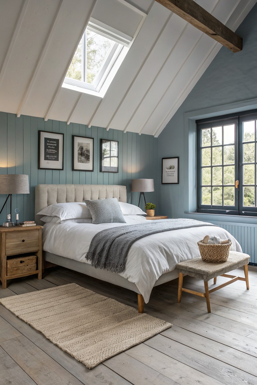 Cozy attic bedroom featuring soft blue shiplap accent walls, white bedding, wooden furniture, and natural light from skylight and window