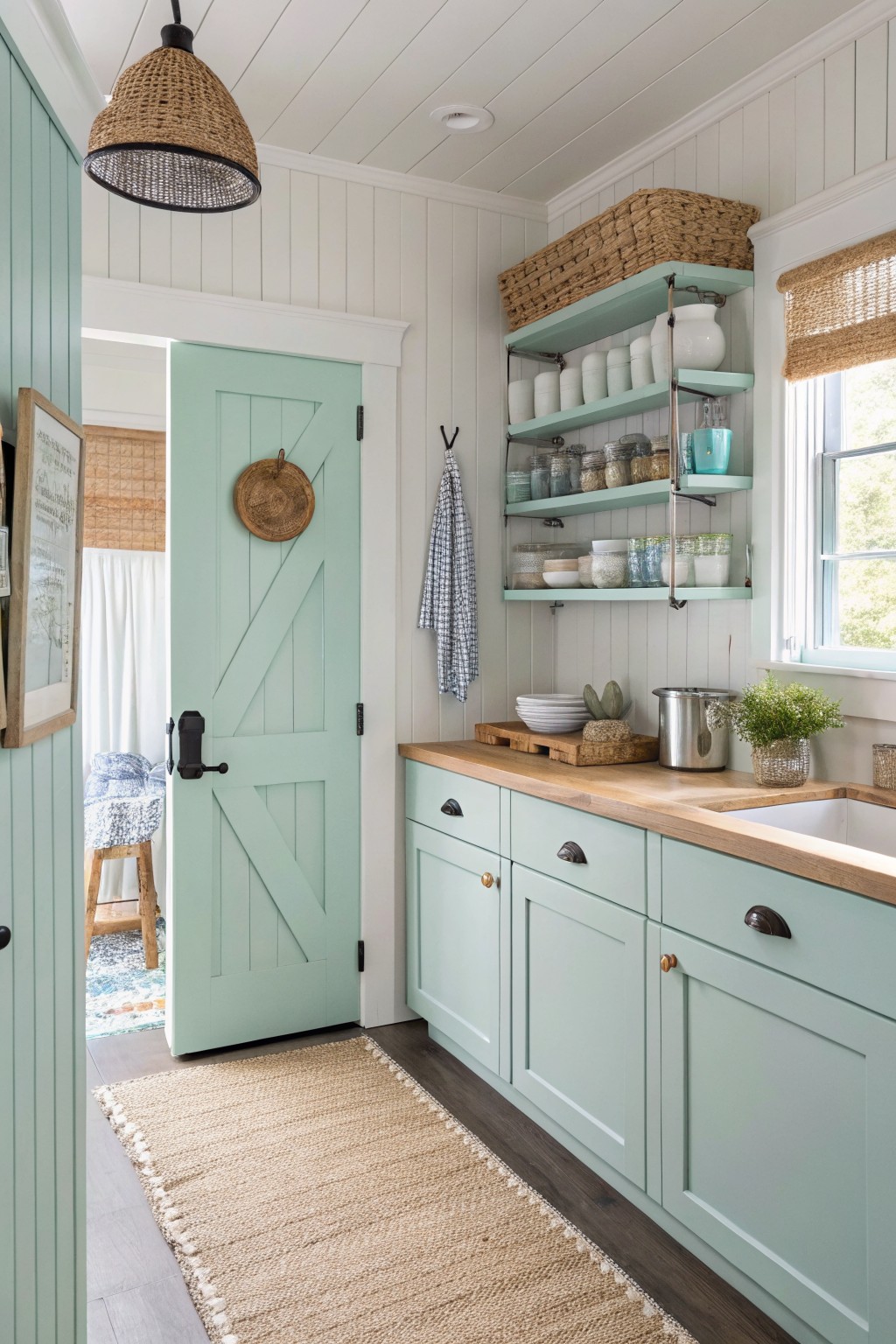 Cozy kitchen featuring soft mint green cabinets and open barn door, white shiplap walls, wooden countertop, farmhouse sink, woven baskets, and plants on open shelves