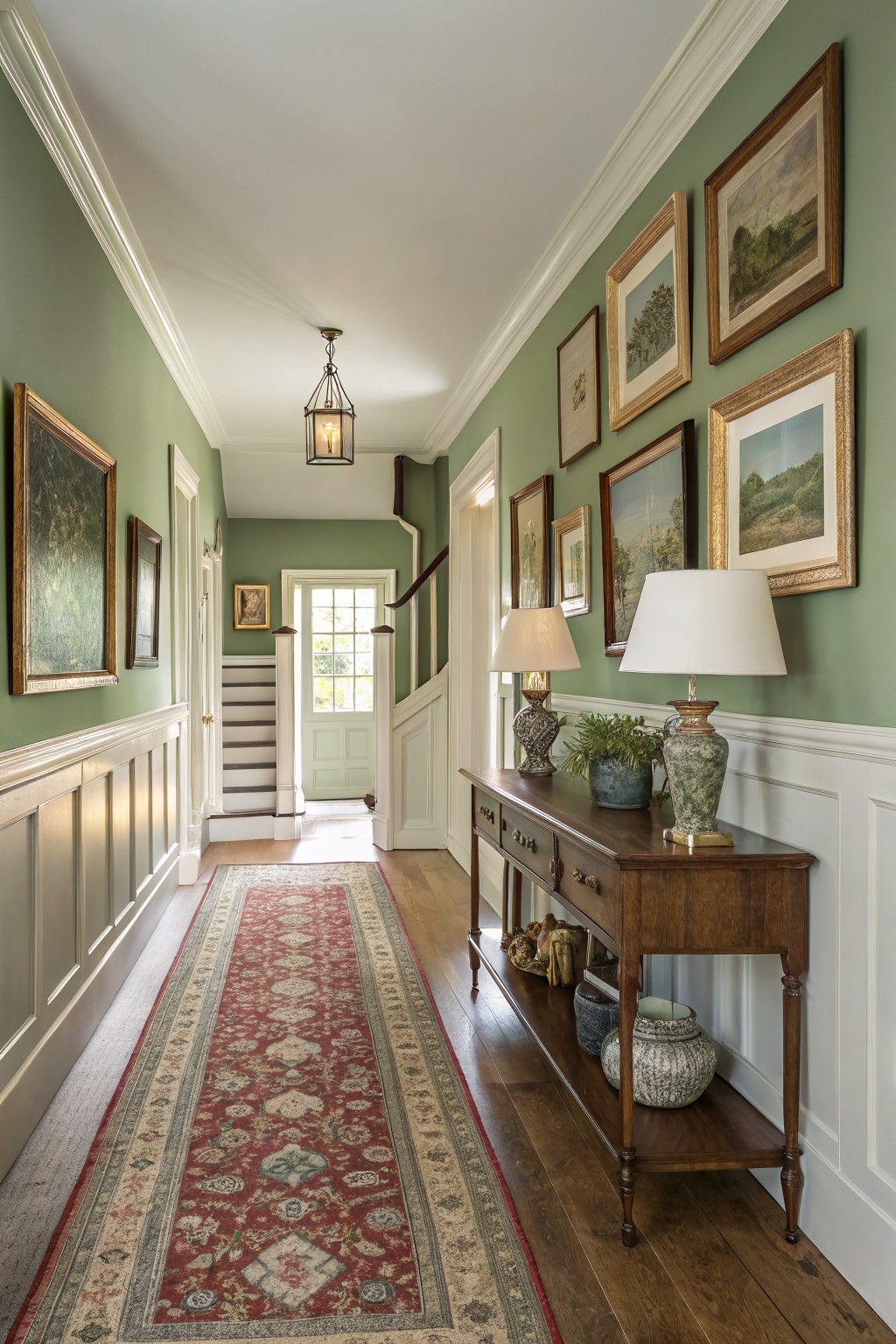 Elegant hallway with pale sage green walls, white wainscoting, dark wood console table topped with lamps and plants, framed artwork, red Persian runner on oak floors, and staircase ahead