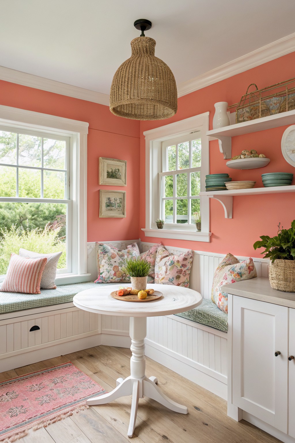 Cozy corner breakfast nook featuring warm coral peach accent walls, white beadboard benches with colorful pillows, round white pedestal table, and woven pendant light