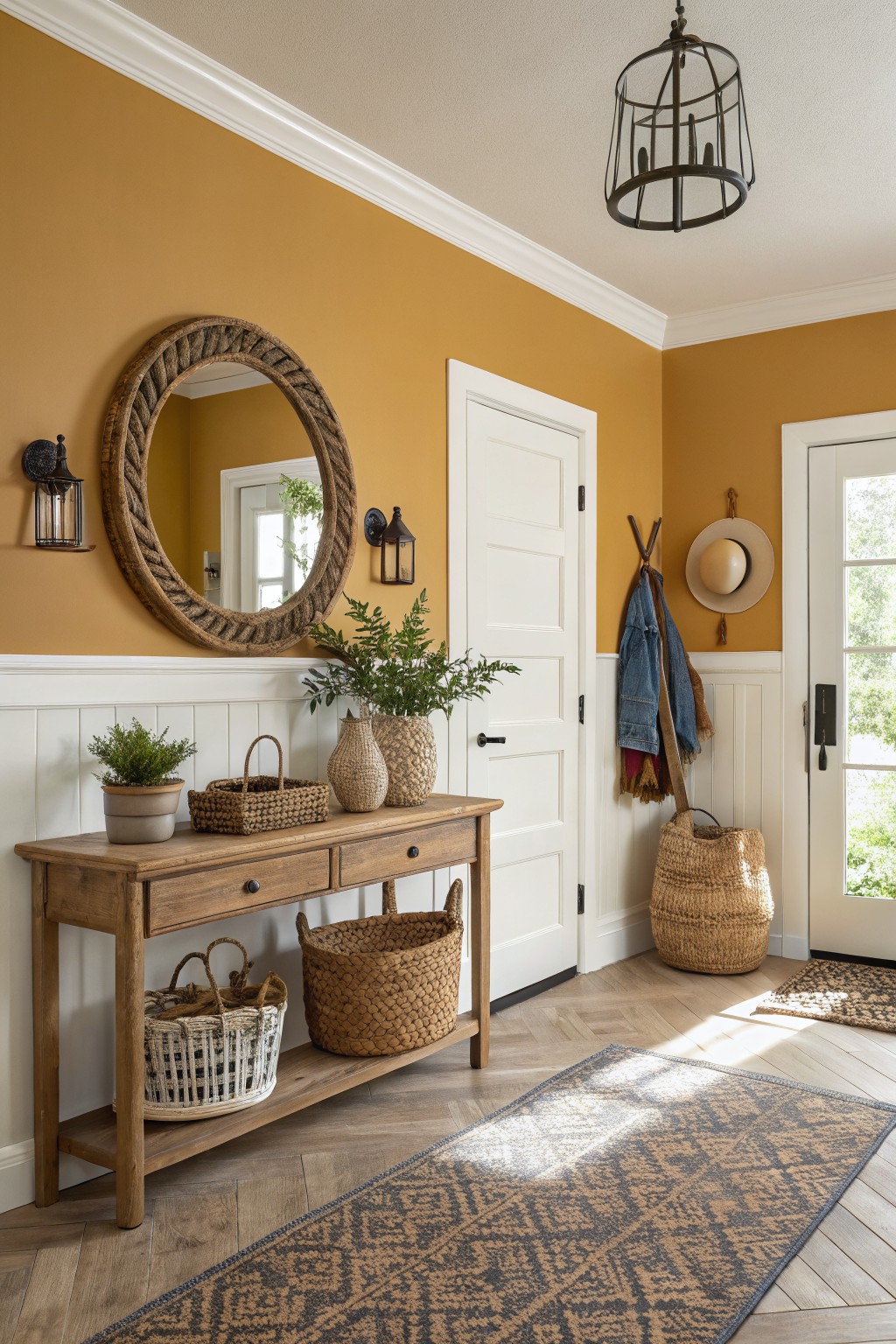 Cozy entryway featuring warm mustard yellow walls accented by a wooden console table, rattan baskets, plants, and white wainscoting