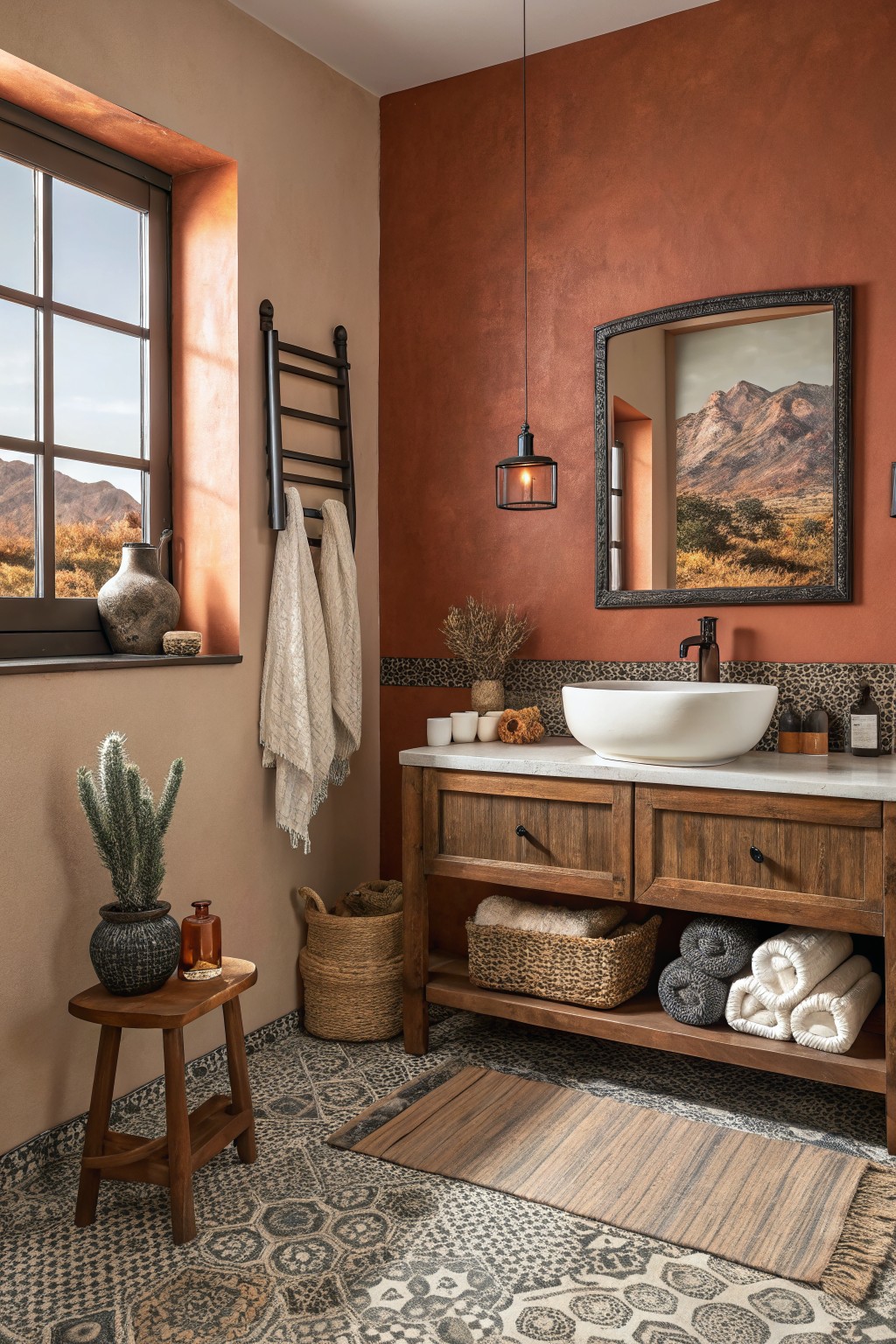 Cozy bathroom featuring a textured warm terracotta accent wall behind a wooden vanity with mountain view window