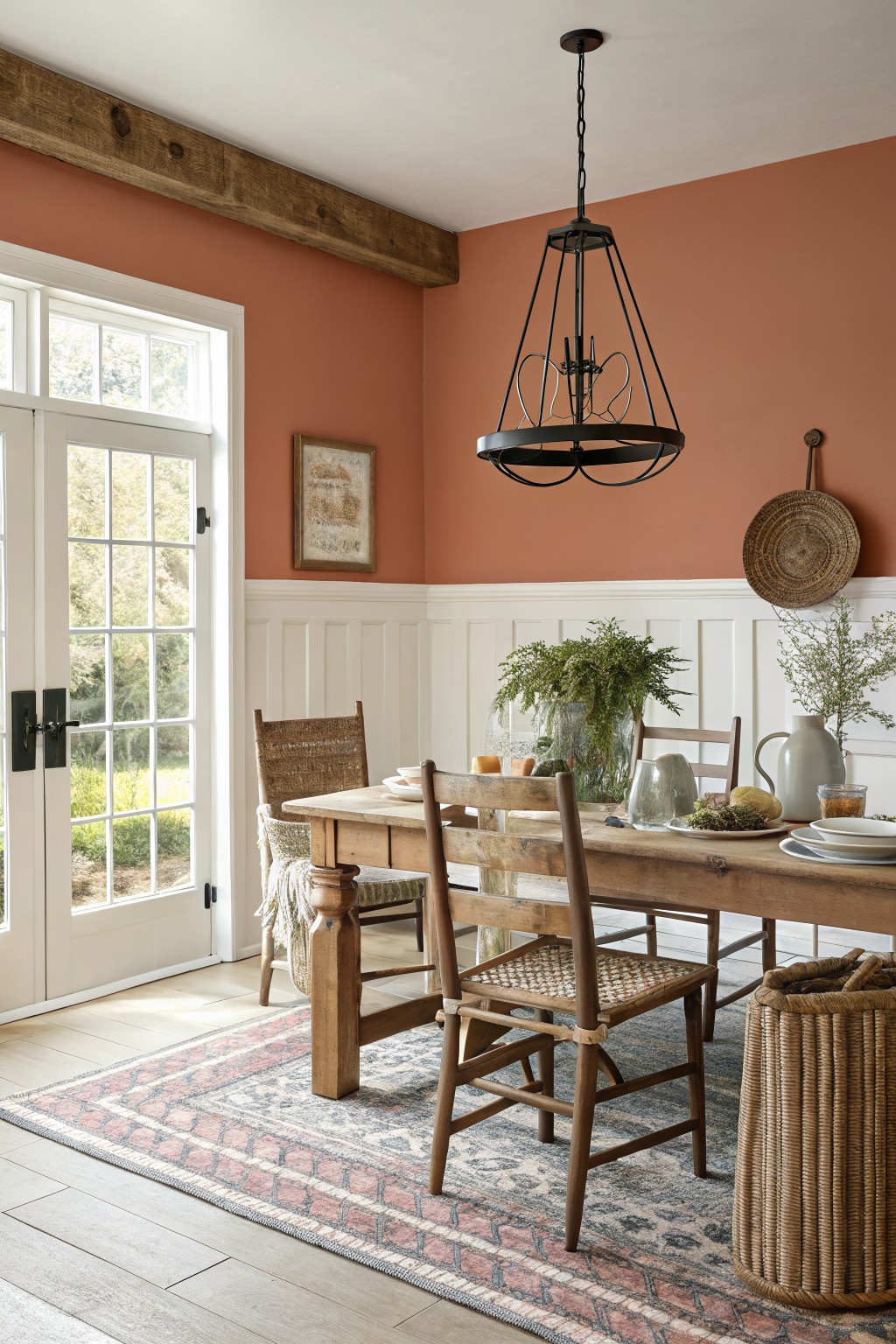 Dining room featuring warm terracotta walls with white wainscoting, rustic wood table and chairs, pendant light, and large windows overlooking greenery