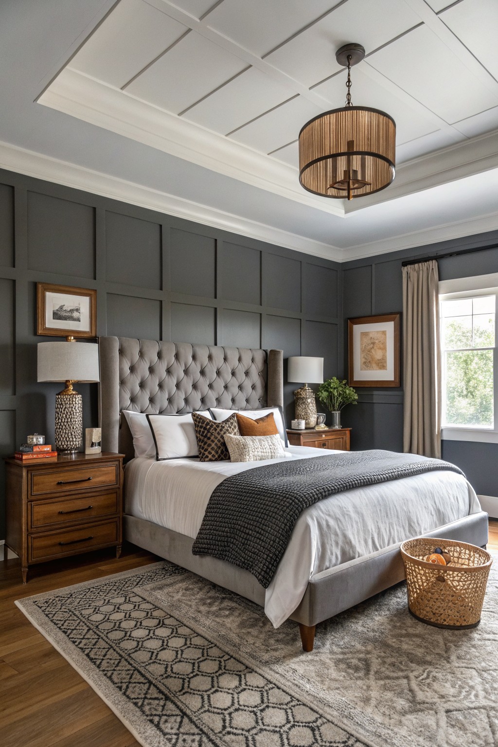 Cozy bedroom featuring deep charcoal gray paneled walls, gray velvet bed with white linens, wood nightstands with lamps, and a patterned rug on hardwood floors