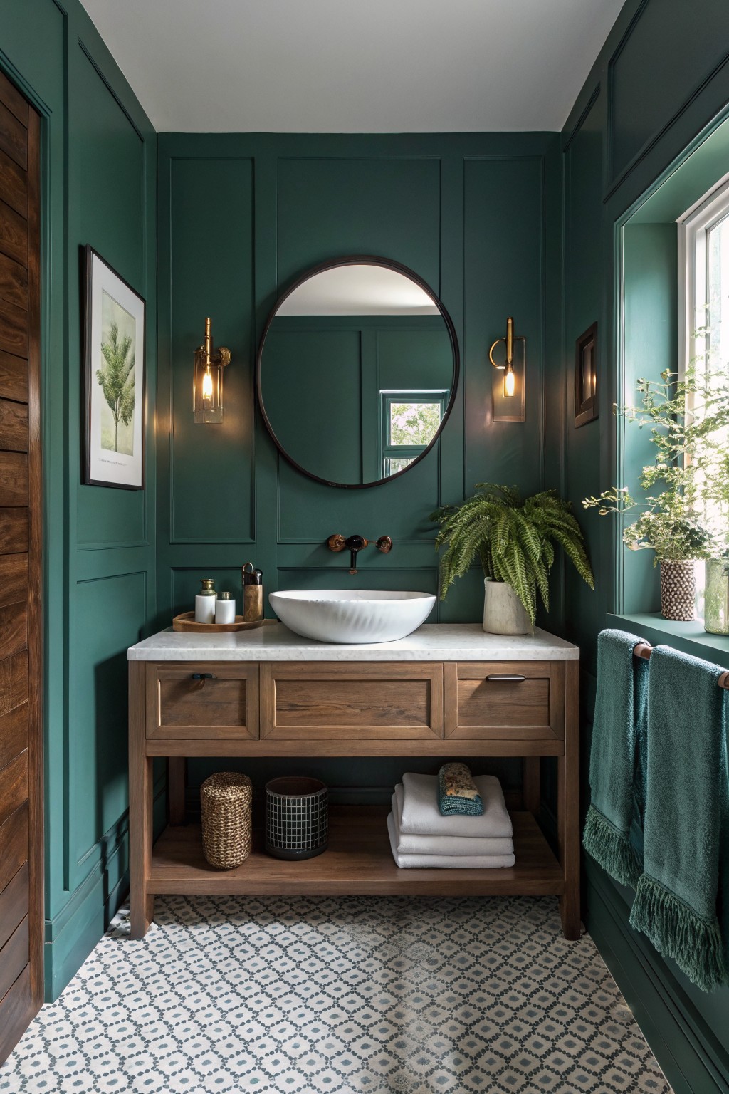 Small powder room featuring deep green paneled walls, warm wood vanity with white vessel sink, black round mirror, gold sconces, potted ferns, and blue-white patterned tile floor
