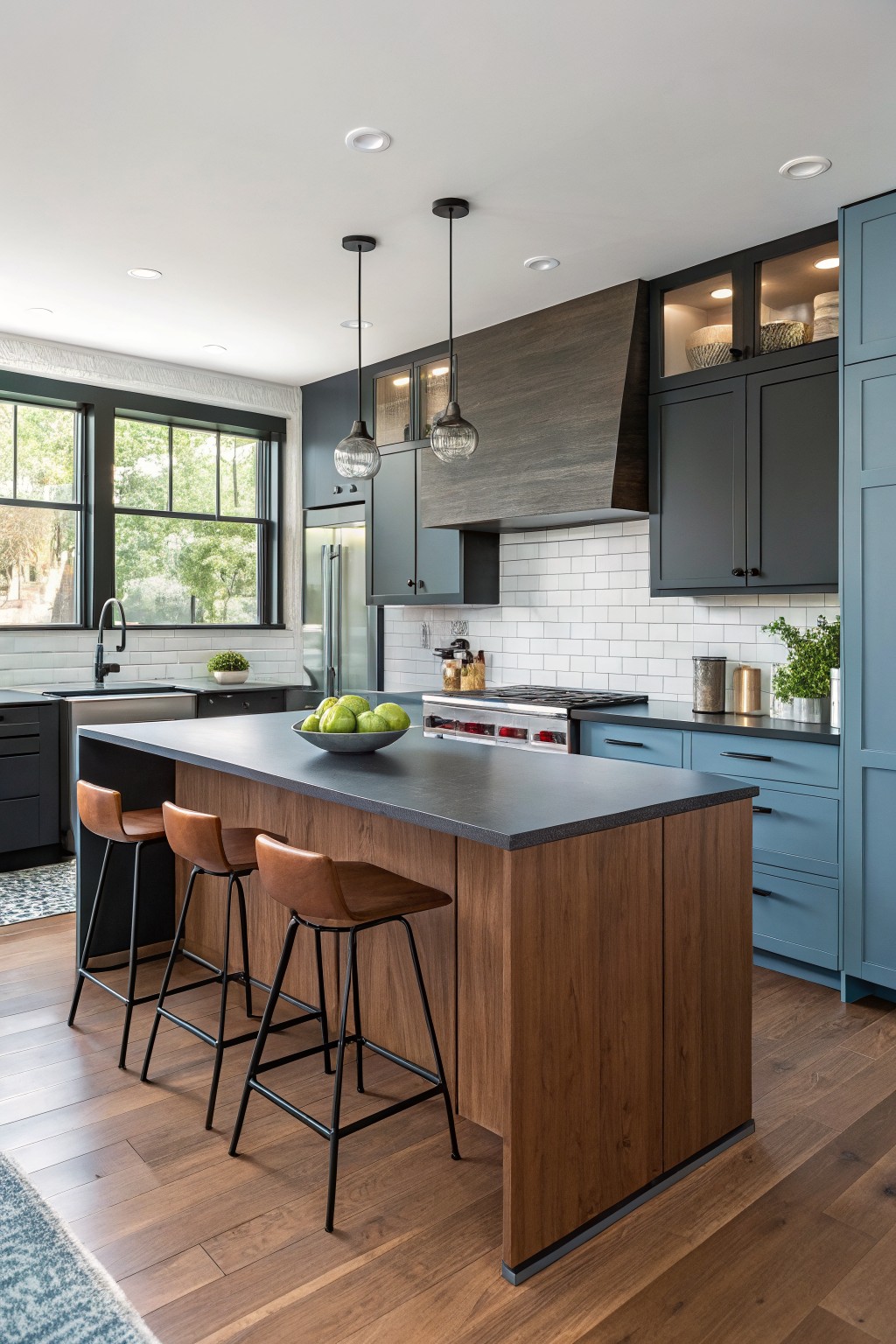 Modern kitchen featuring deep navy blue cabinets paired with wood island, black countertop, and white tile backsplash