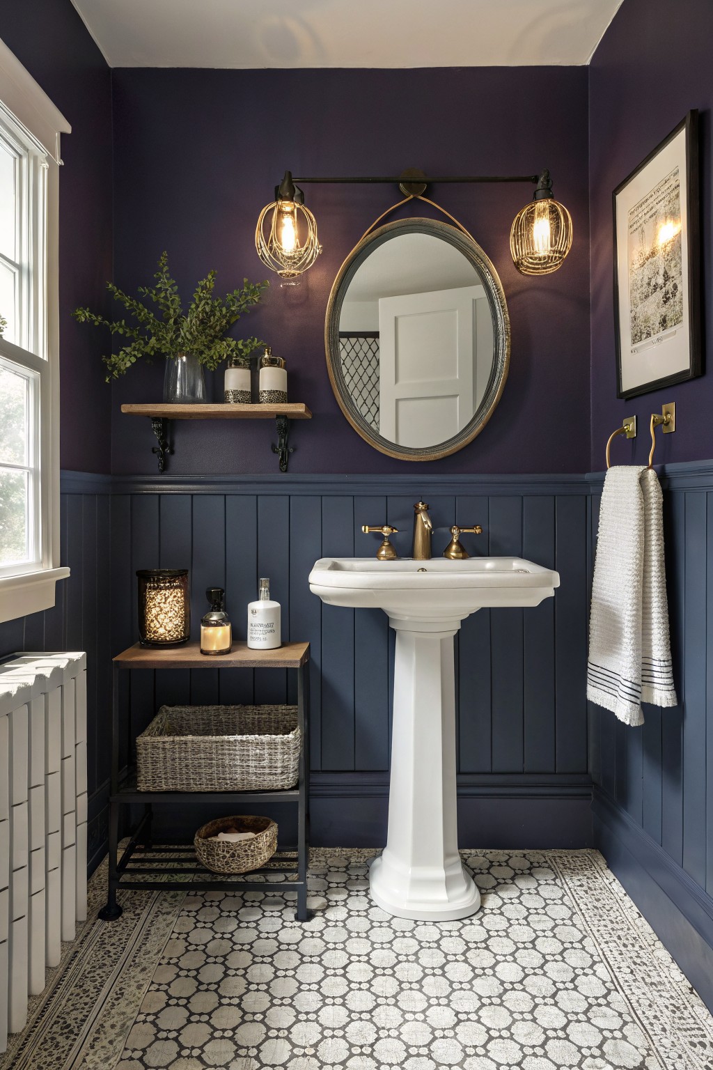 Cozy powder room with deep navy blue walls and wainscoting, white pedestal sink, gold fixtures, and octagon tile floor