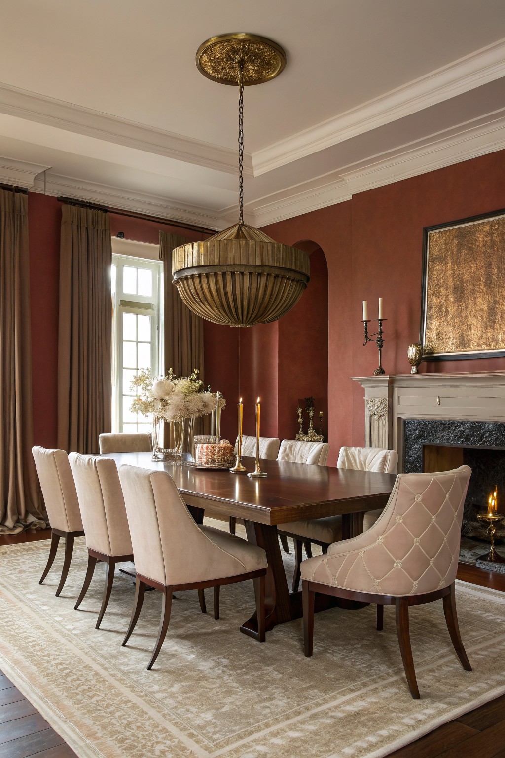 Elegant dining room with deep warm red walls, mahogany table, cream upholstered chairs, brass chandelier, and lit fireplace