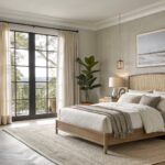 Bedroom with soft greige walls, rattan headboard on wooden bed, neutral linens, potted plants, and French doors with sheer curtains