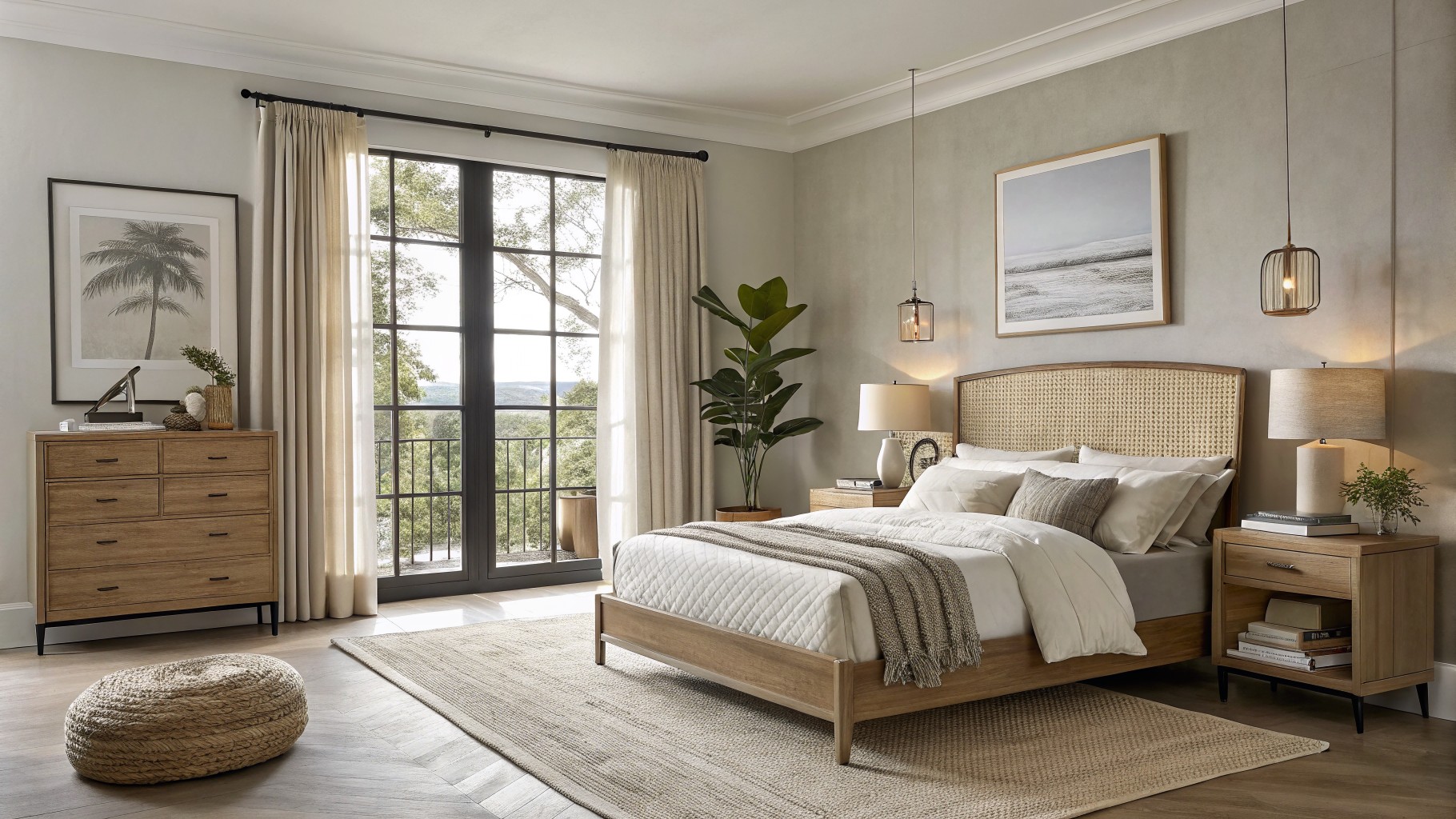 Bedroom with soft greige walls, rattan headboard on wooden bed, neutral linens, potted plants, and French doors with sheer curtains