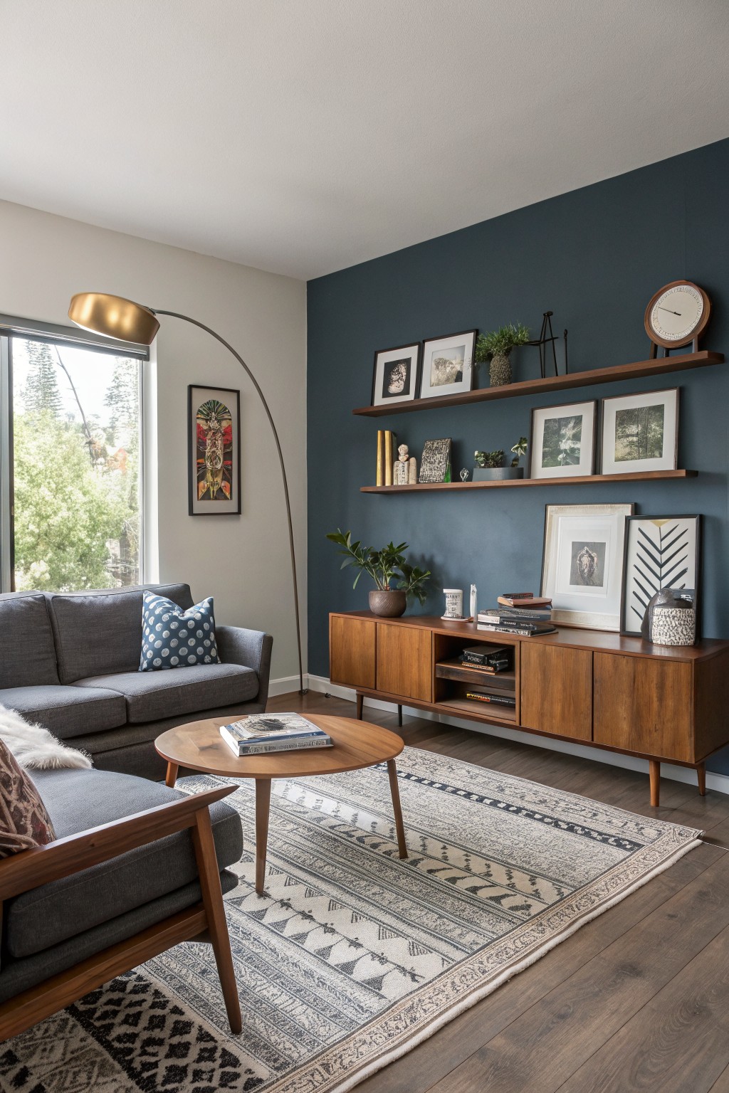 Modern living room with deep navy accent wall, wood furniture, and plants