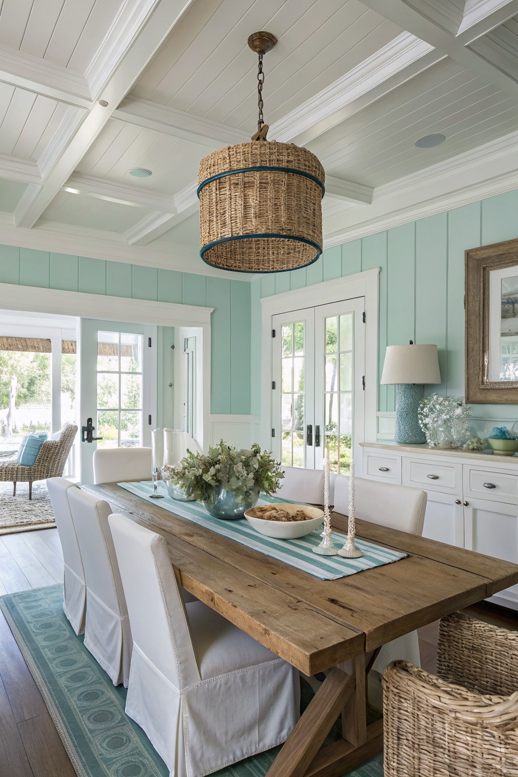 Dining room with pale aqua shiplap walls, rustic wood table, white chairs, and woven pendant light
