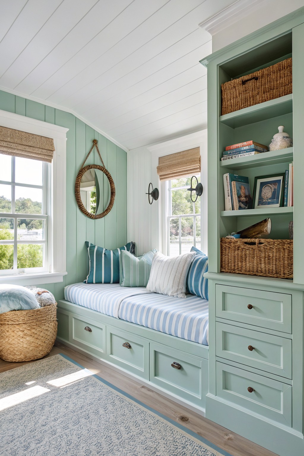 Pale mint green shiplap walls and built-in daybed with blue striped cushions, woven baskets, and open shelves in a cozy reading corner